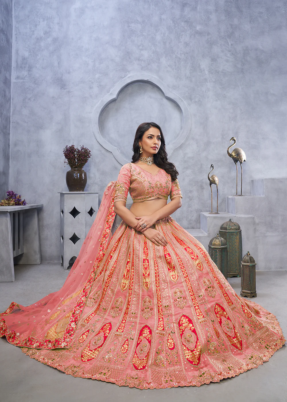 Multi Pink Paisley Motifs Embroidered Wedding Lehenga Choli - Image 4