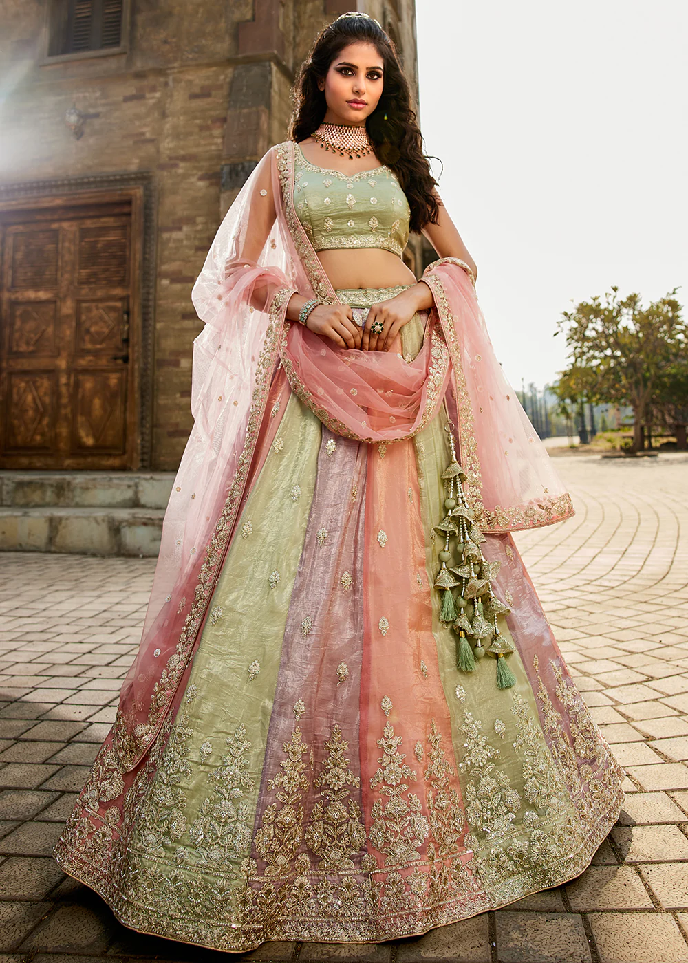 Multi Pink Tissue Embroidered Wedding Lehenga Choli - Image 6