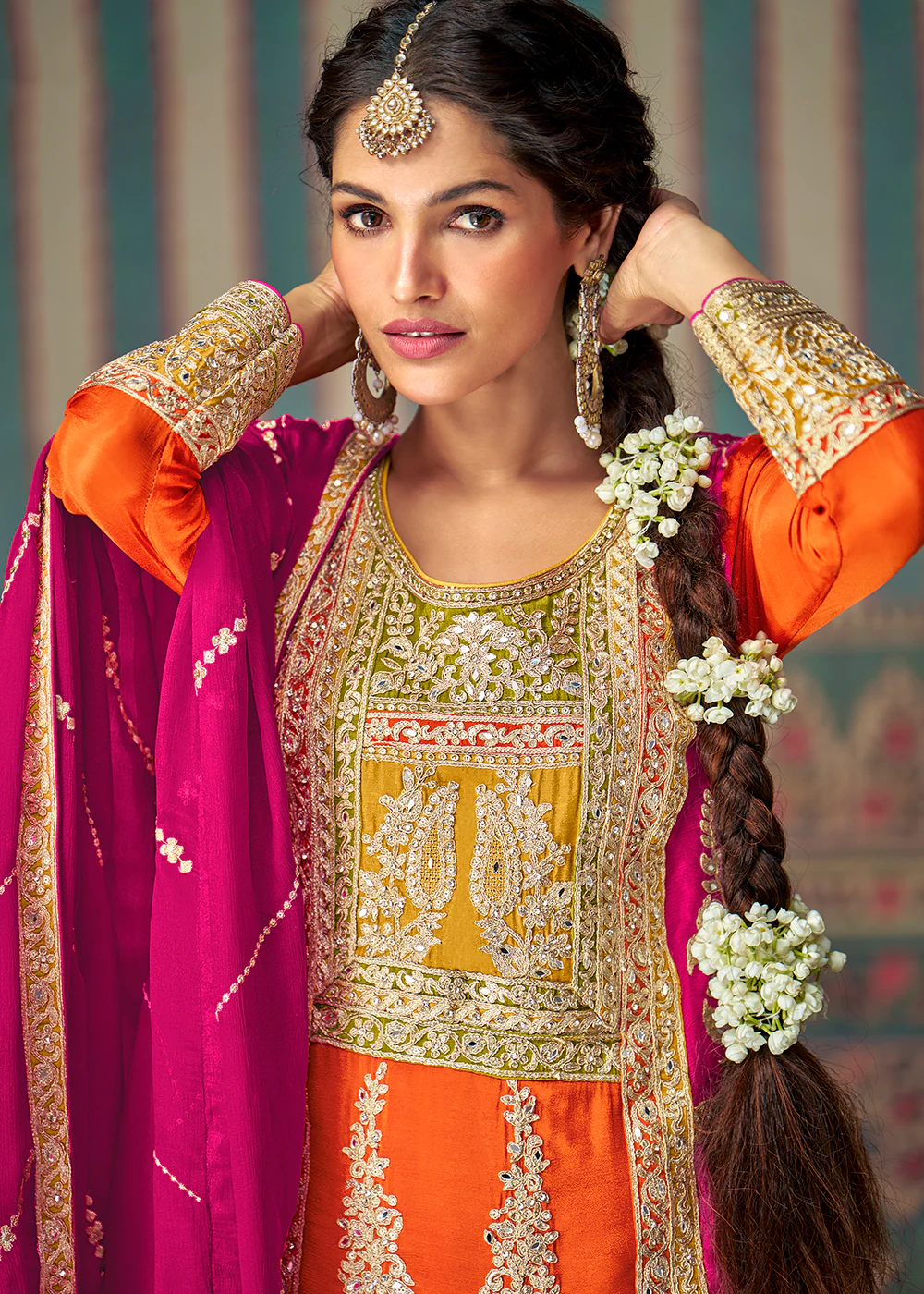 Multi Premium Chinnon Embroidered Palazzo Suit with Pink Dupatta - Image 2
