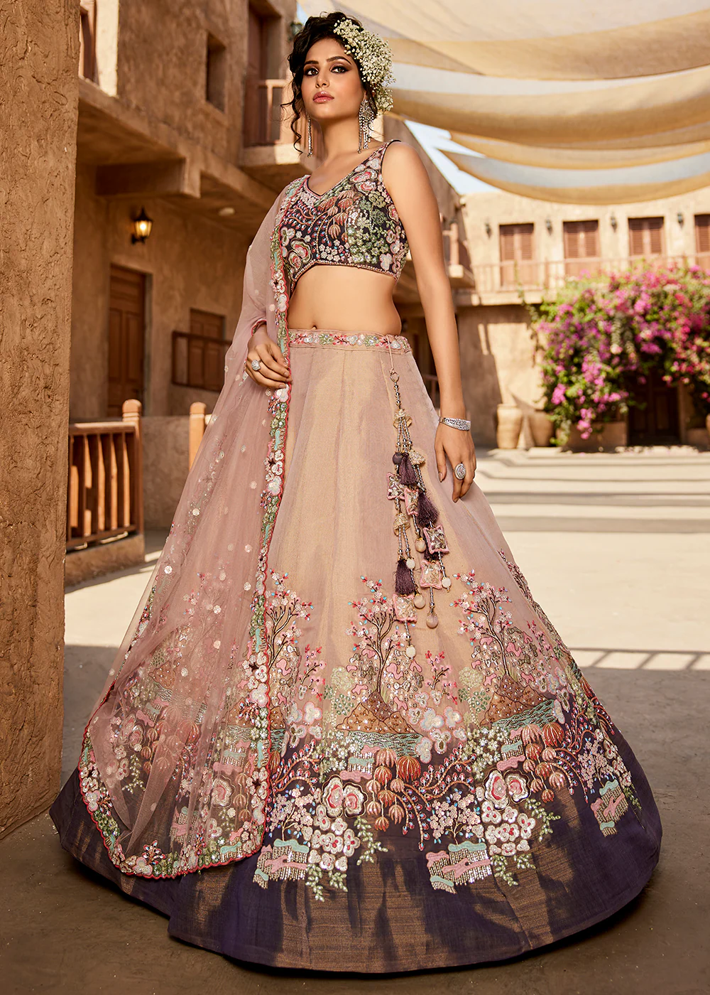 Multi Purple & Cream Embroidered Wedding Lehenga Choli - Image 6