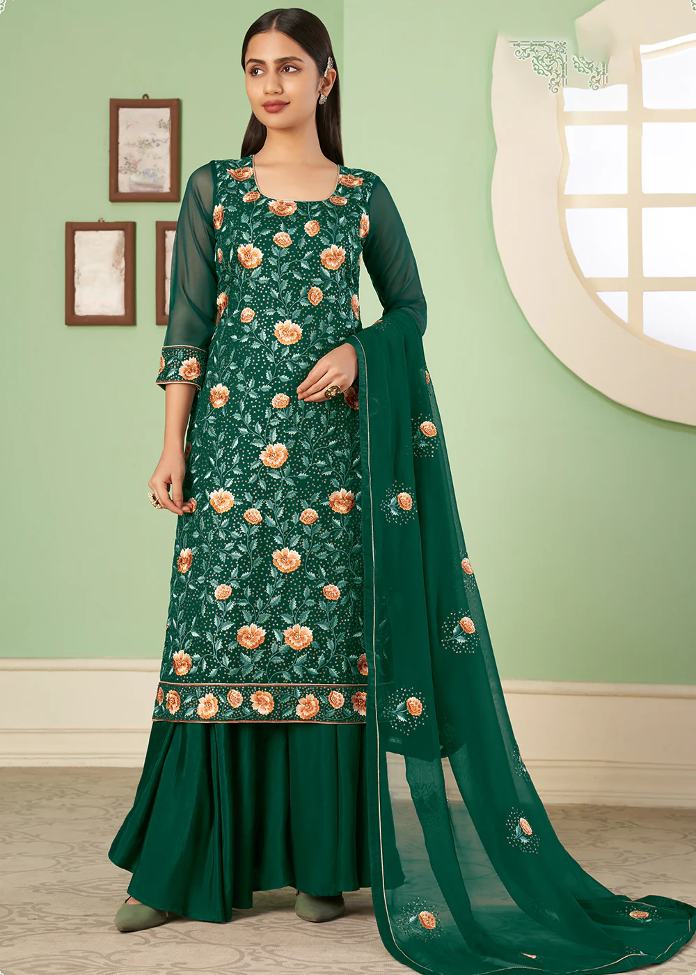 Multi Thread Appealing Green Georgette Palazzo Salwar Suit
