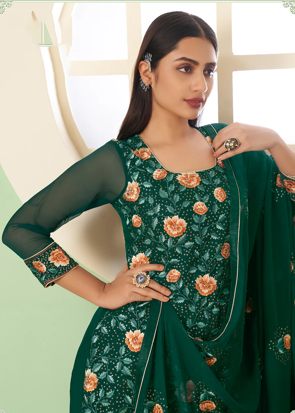 Multi Thread Appealing Green Georgette Palazzo Salwar Suit - Image 2