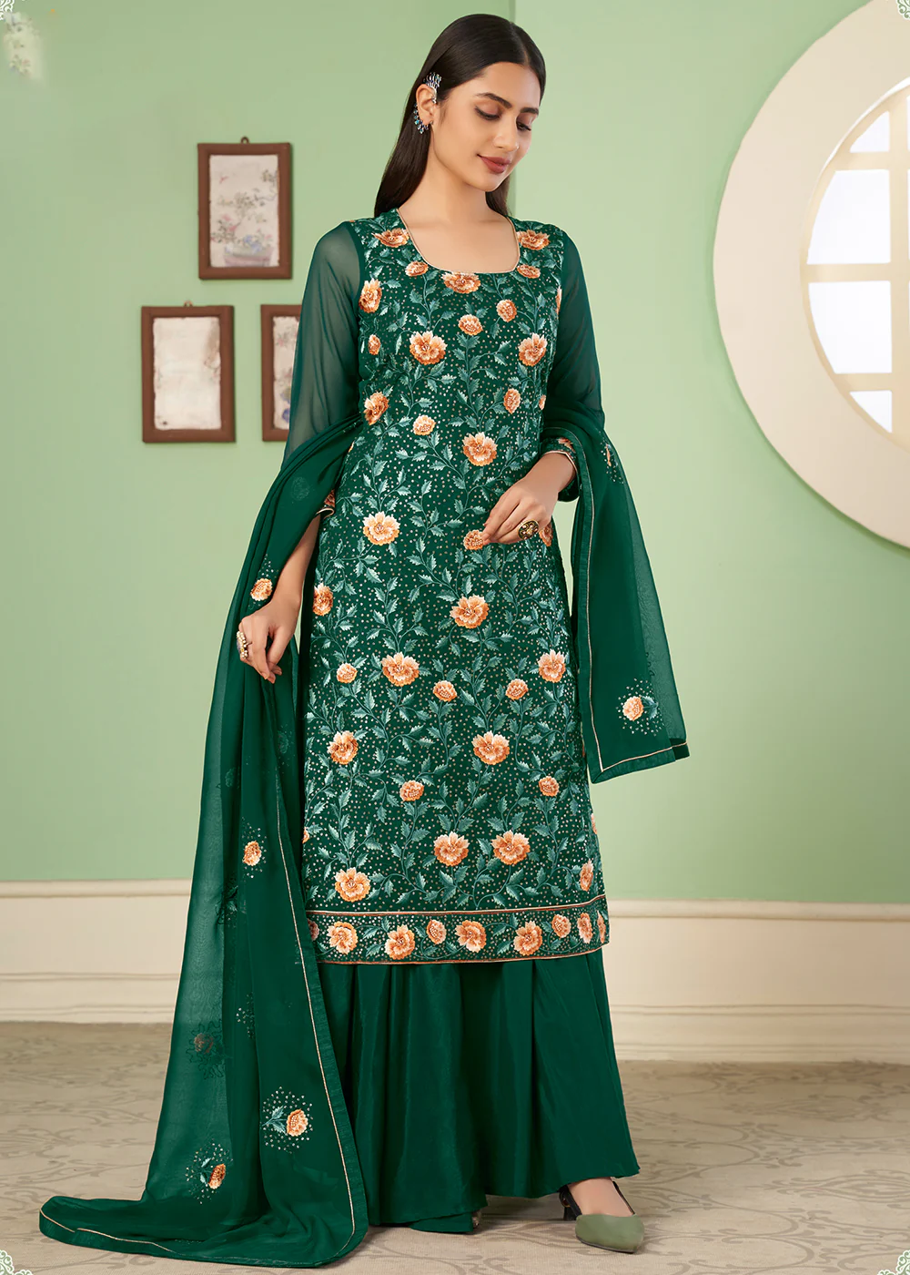 Multi Thread Appealing Green Georgette Palazzo Salwar Suit - Image 3