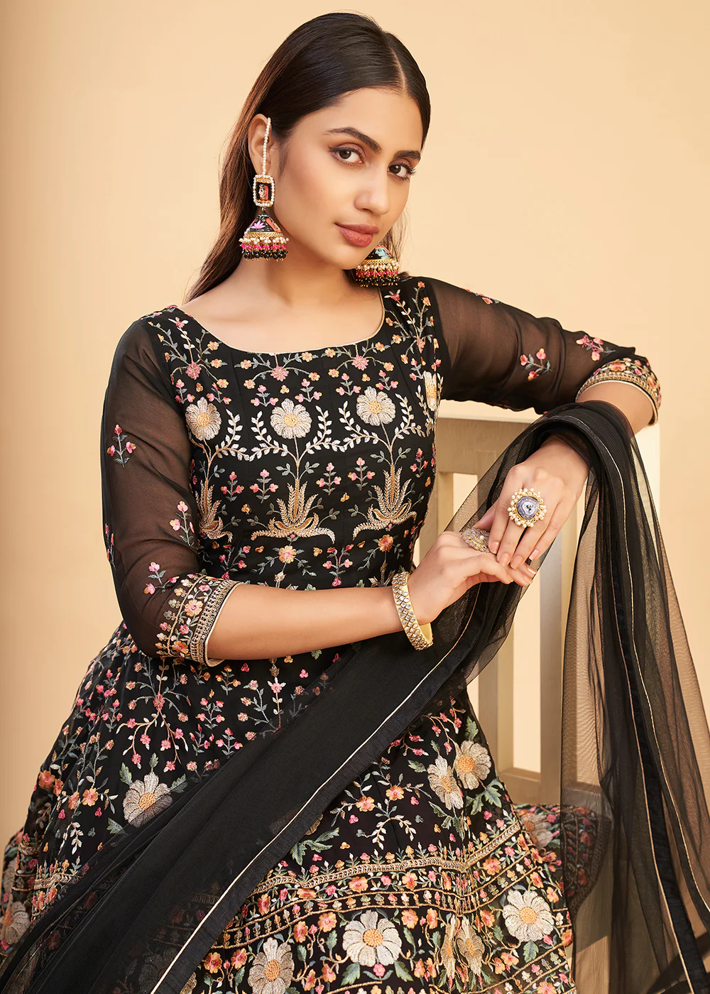Multi Thread Black Flared Style Pant Salwar Suit - Image 2