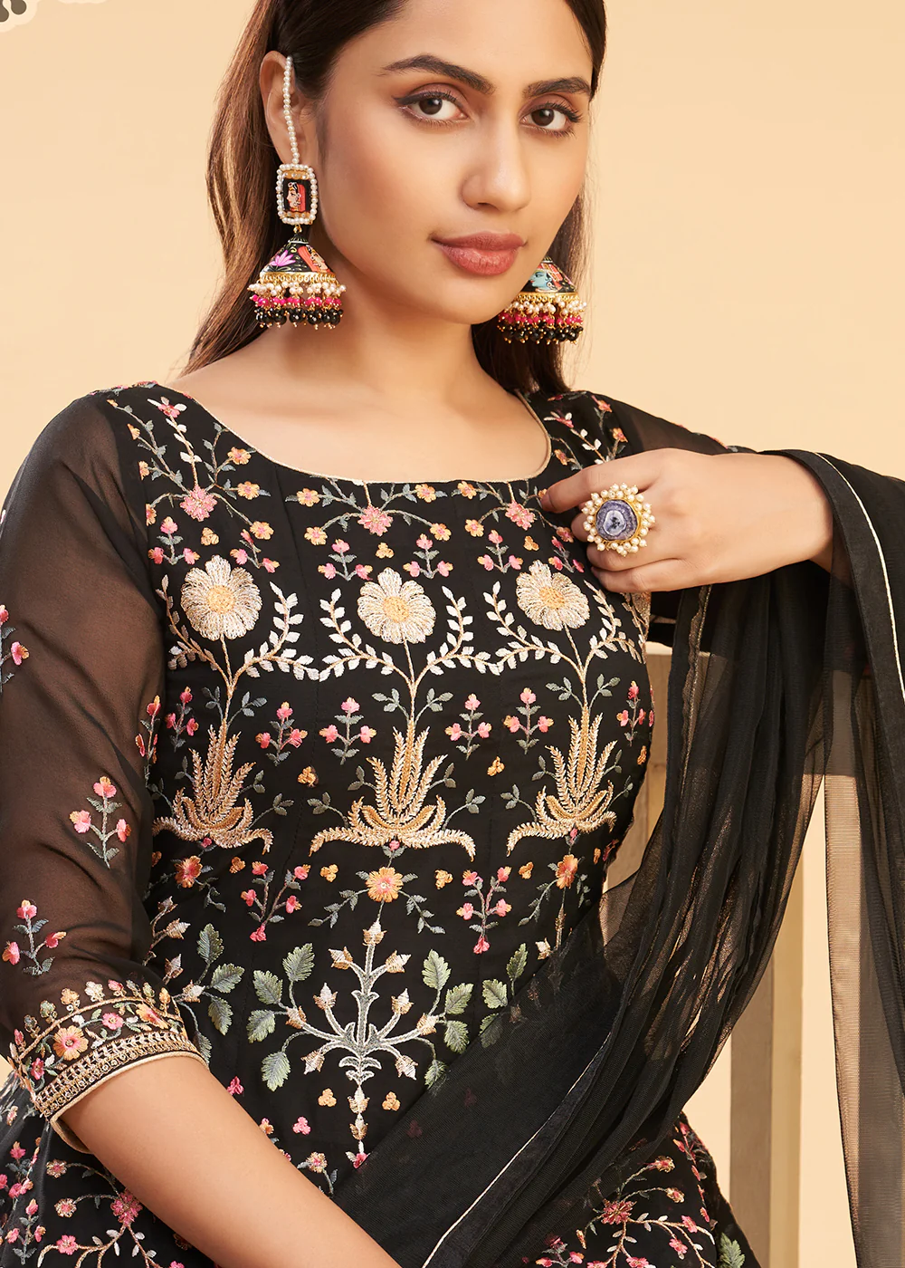 Multi Thread Black Flared Style Pant Salwar Suit - Image 4