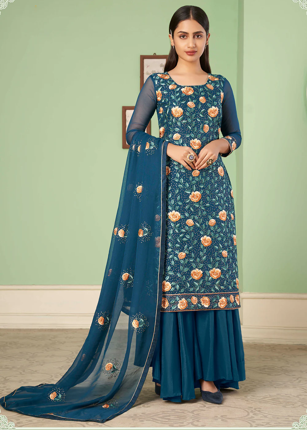 Multi Thread Brilliant Teal Georgette Palazzo Salwar Suit - Image 4