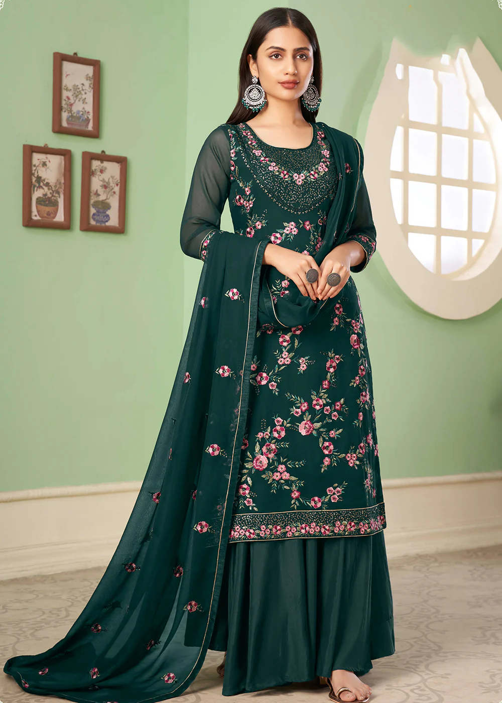 Multi Thread Chic Green Georgette Palazzo Salwar Suit