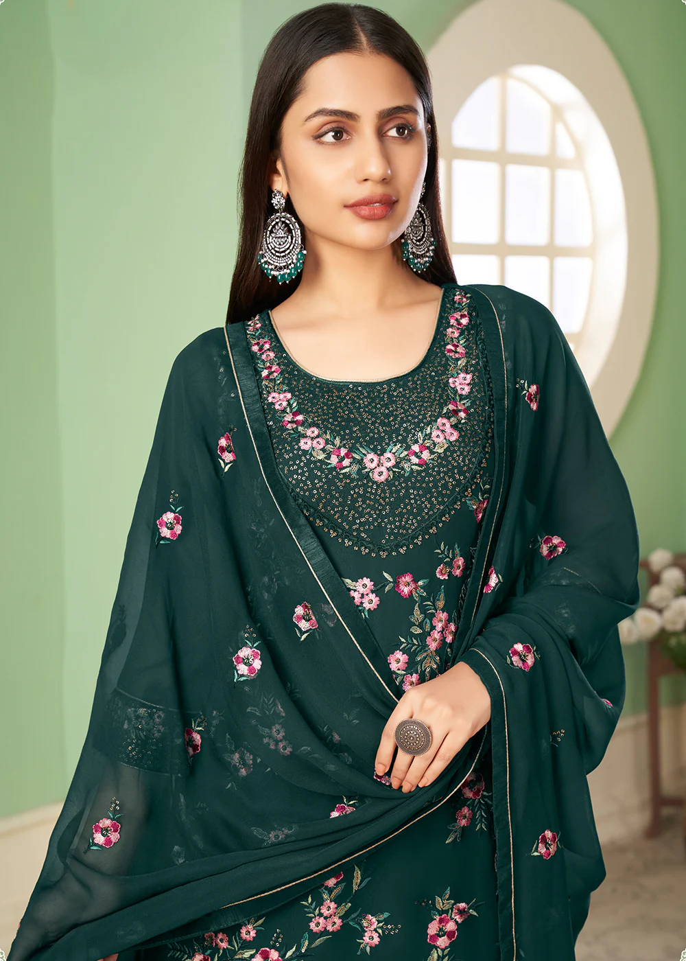 Multi Thread Chic Green Georgette Palazzo Salwar Suit - Image 2