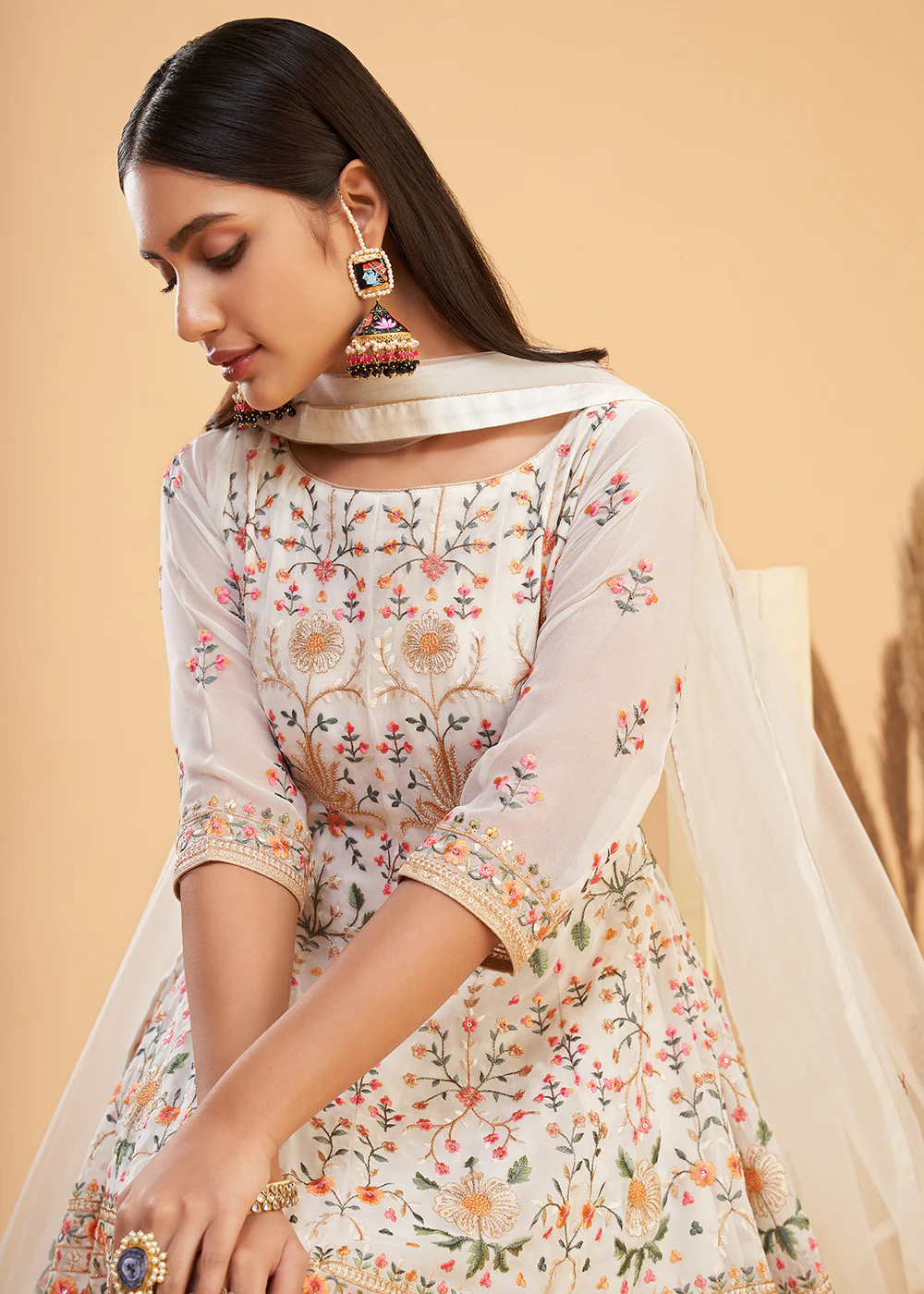 Multi Thread Cream Flared Style Pant Salwar Suit - Image 2