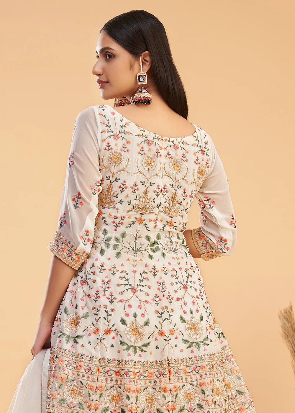 Multi Thread Cream Flared Style Pant Salwar Suit - Image 3