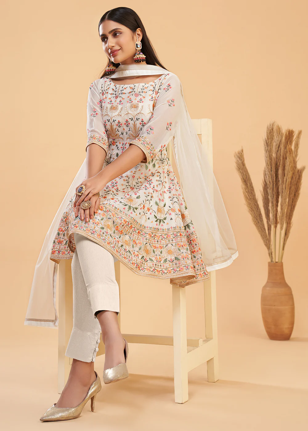 Multi Thread Cream Flared Style Pant Salwar Suit - Image 4