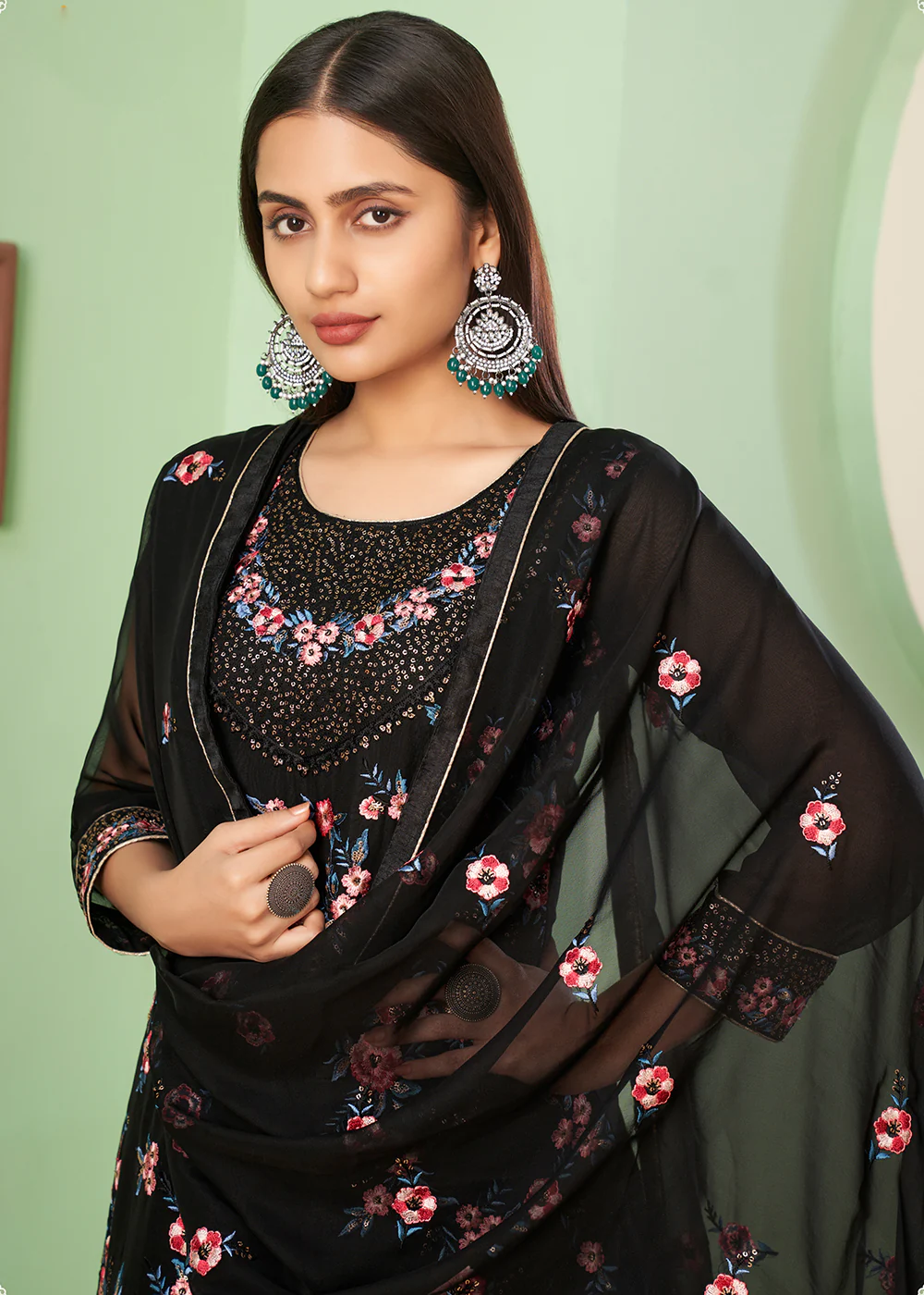 Multi Thread Delicate Black Georgette Palazzo Salwar Suit - Image 3