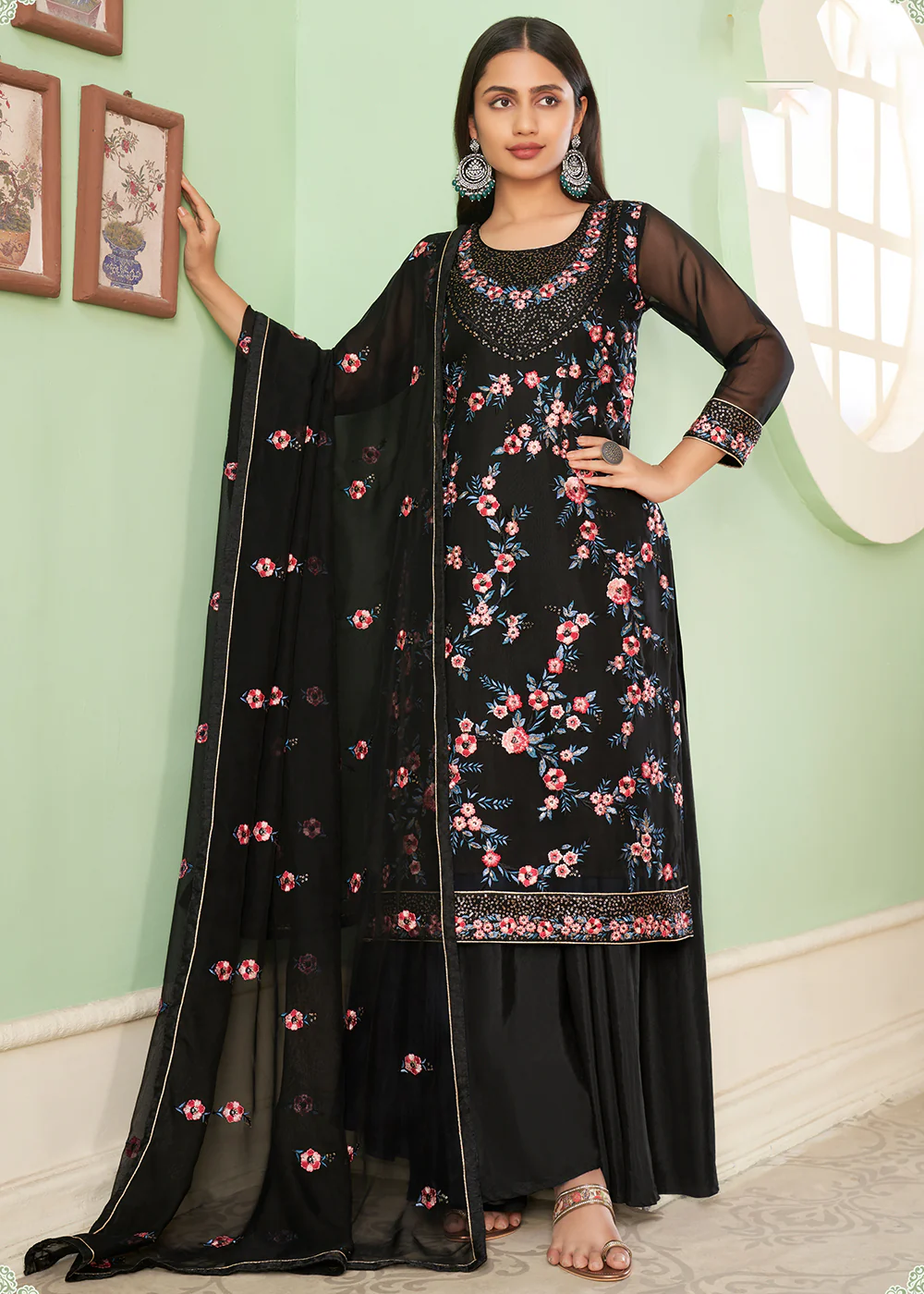 Multi Thread Delicate Black Georgette Palazzo Salwar Suit - Image 4