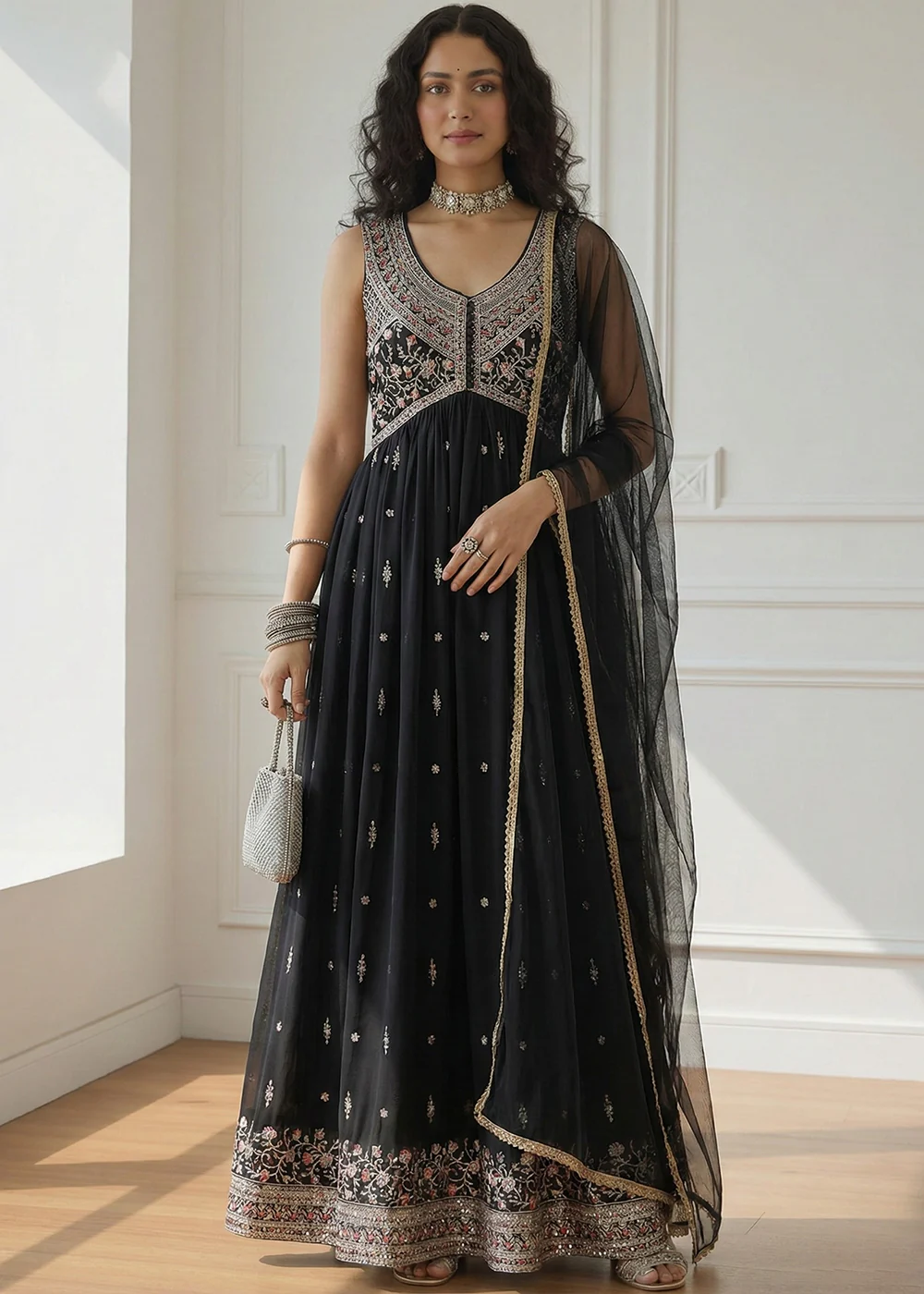 Multi Thread Embroidered Black Anarkali Style Suit