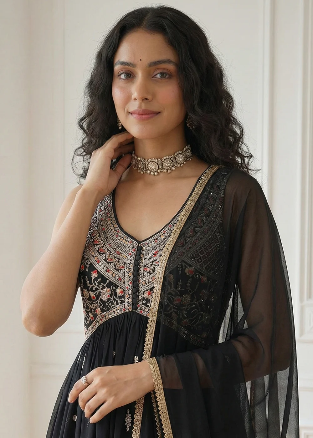 Multi Thread Embroidered Black Anarkali Style Suit - Image 2
