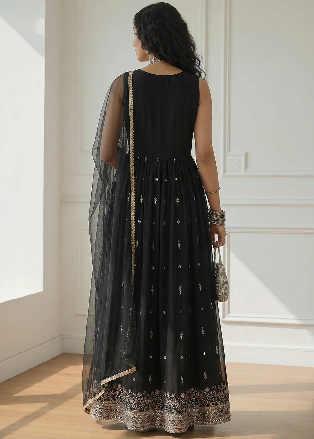 Multi Thread Embroidered Black Anarkali Style Suit - Image 3