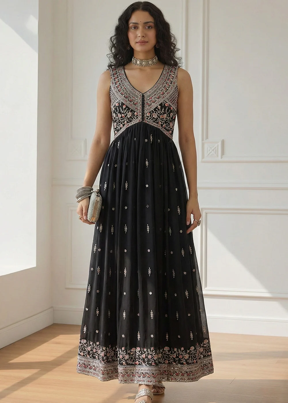 Multi Thread Embroidered Black Anarkali Style Suit - Image 4