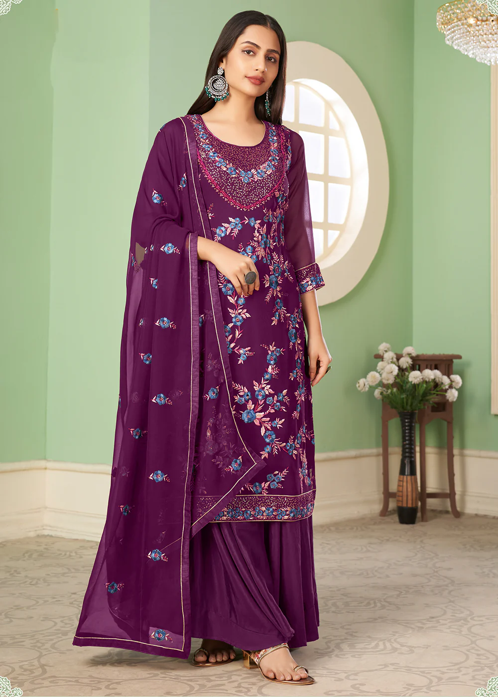 Multi Thread Enticing Purple Georgette Palazzo Salwar Suit - Image 5