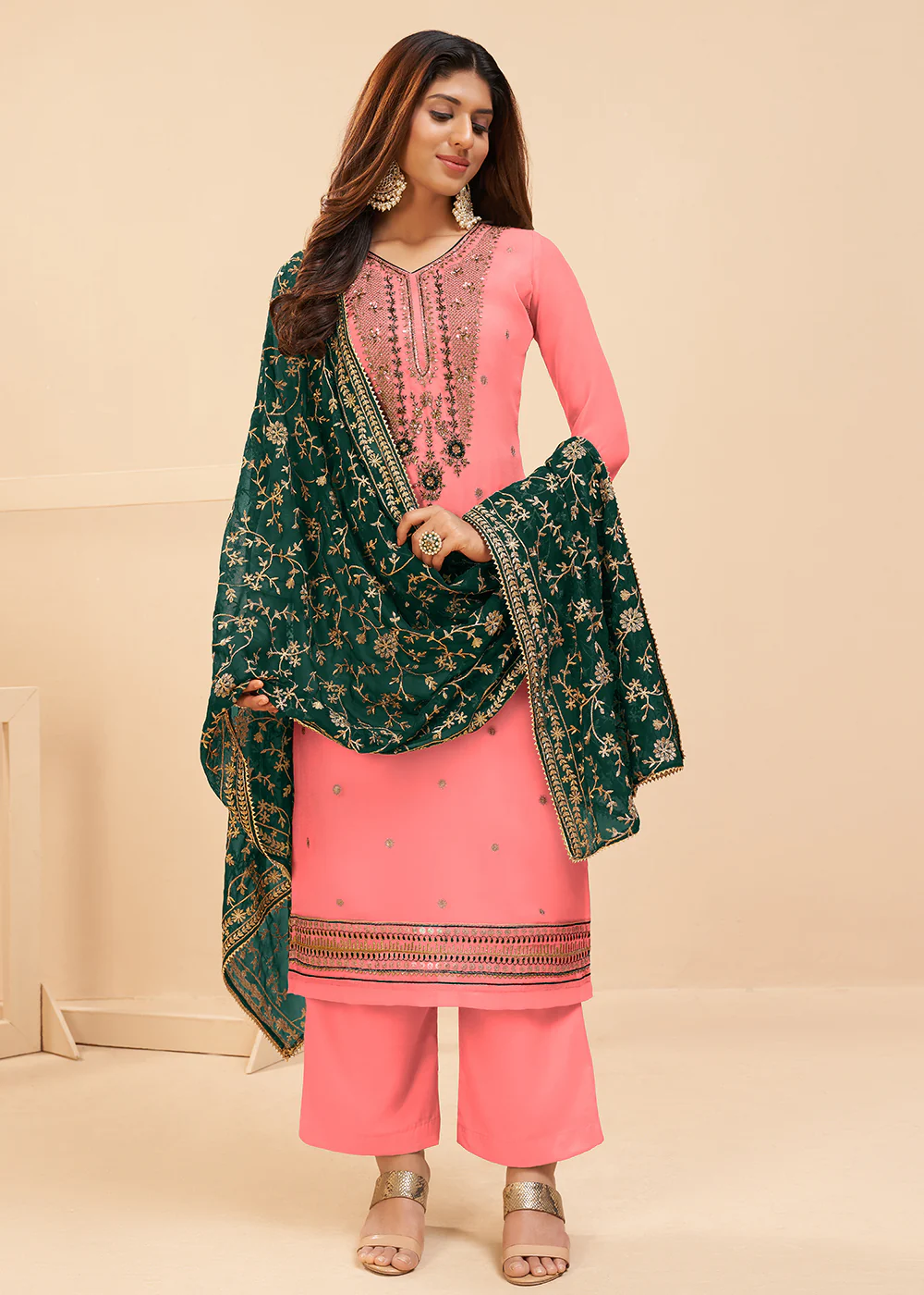 Multi Thread Gajri Pink Georgette Party Wear Salwar Kameez