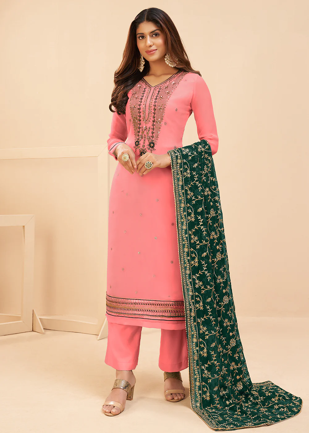 Multi Thread Gajri Pink Georgette Party Wear Salwar Kameez - Image 3