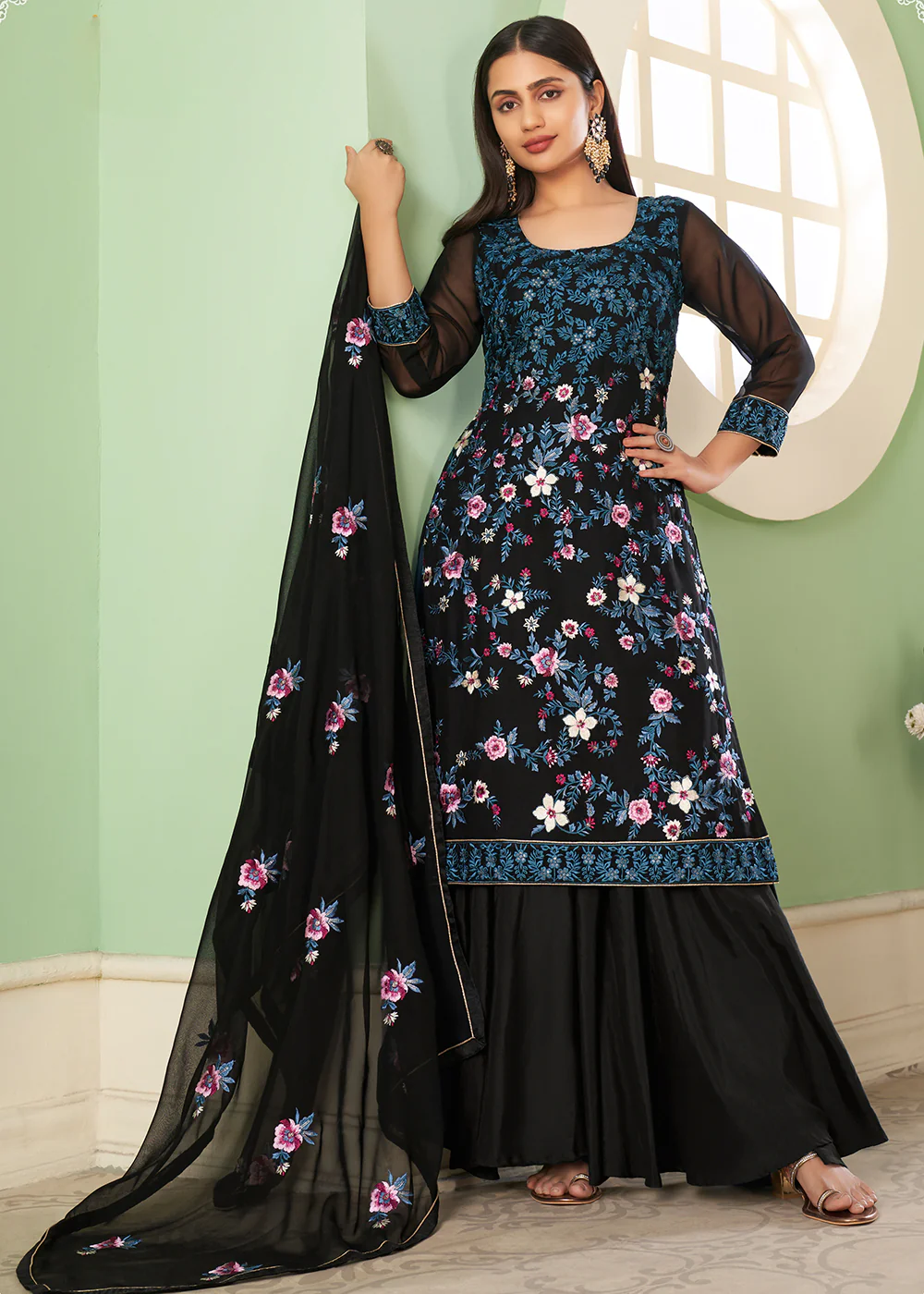 Multi Thread Glamourous Black Georgette Palazzo Salwar Suit - Image 4