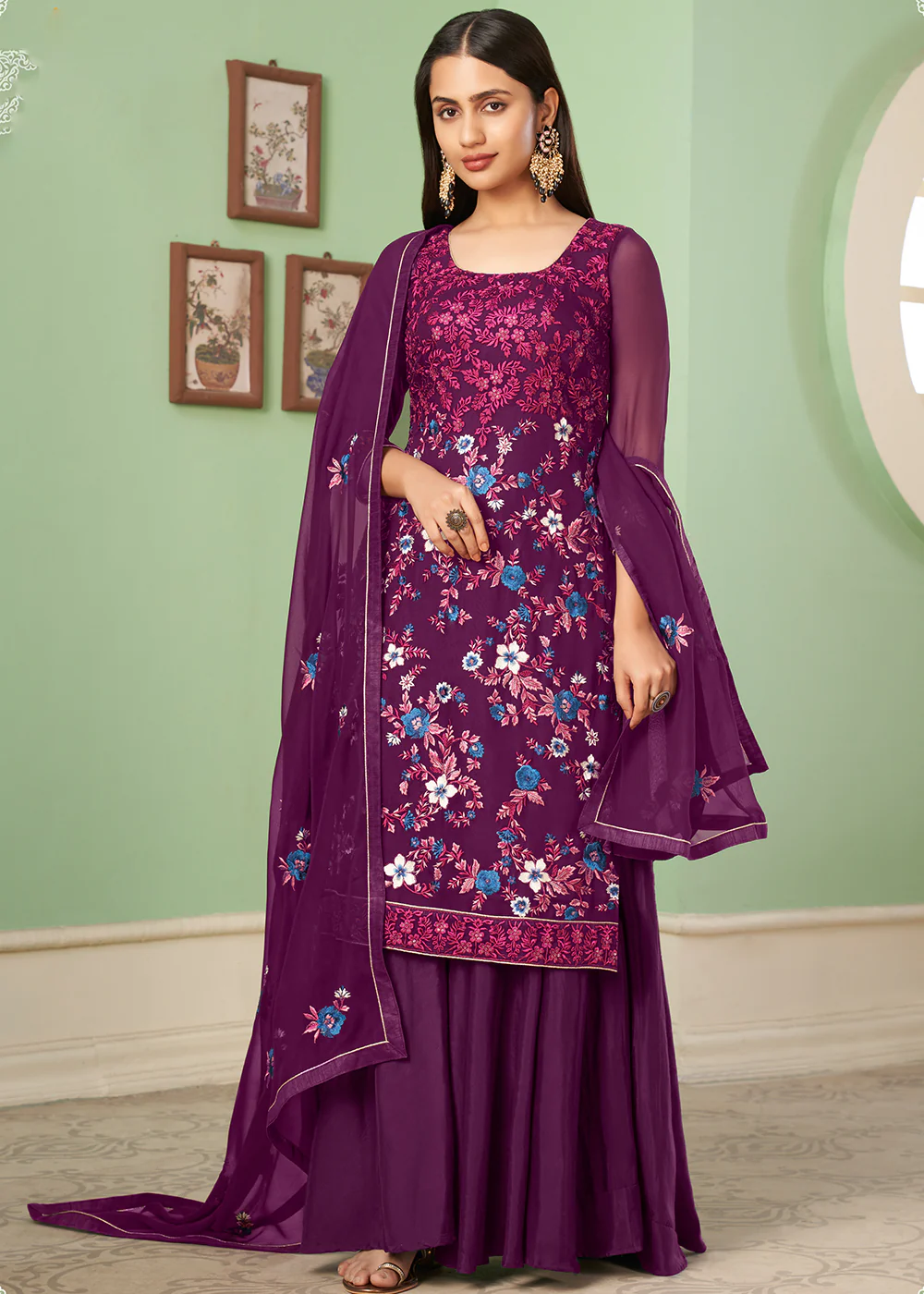 Multi Thread Glorious Purple Georgette Palazzo Salwar Suit