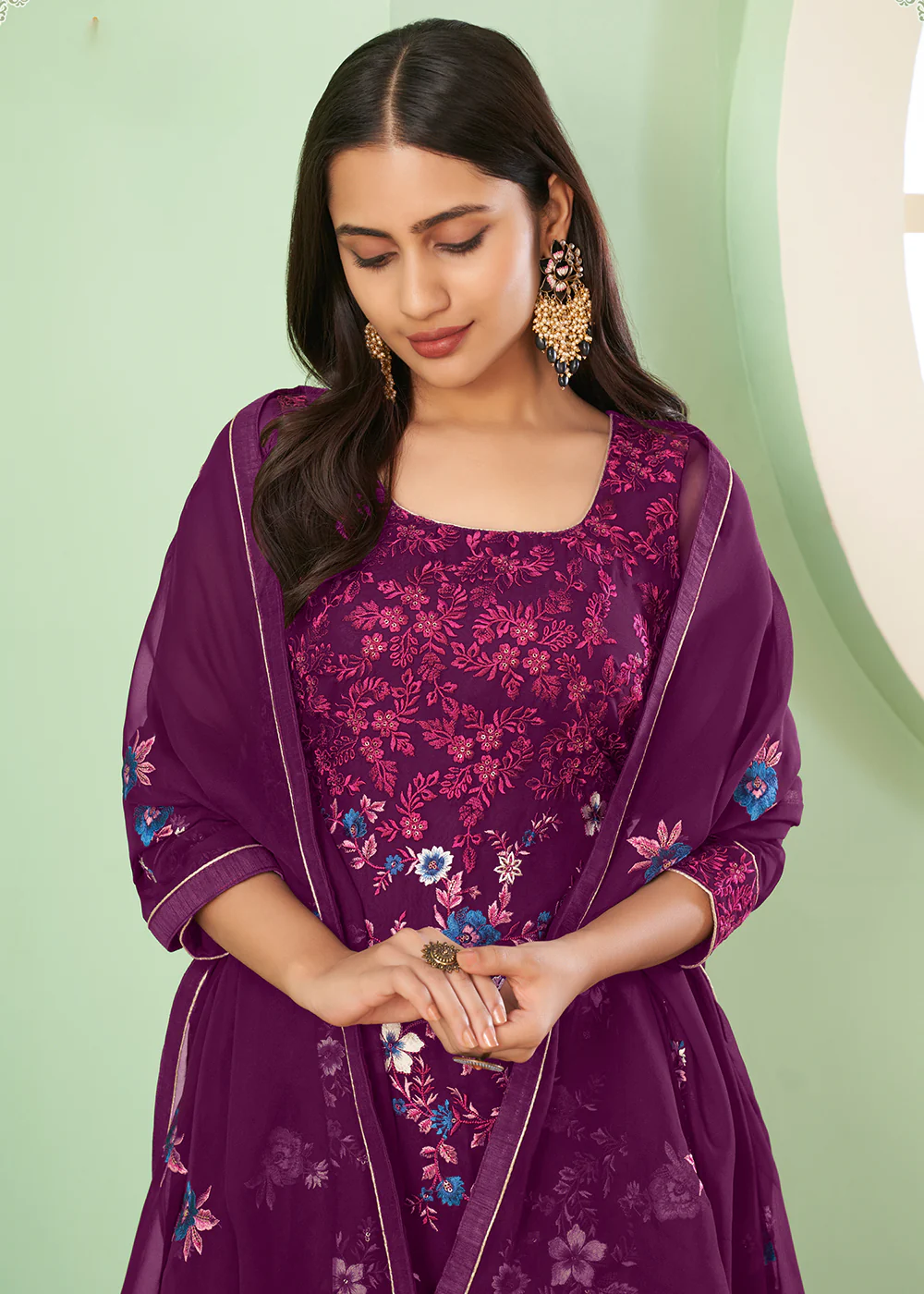 Multi Thread Glorious Purple Georgette Palazzo Salwar Suit - Image 2