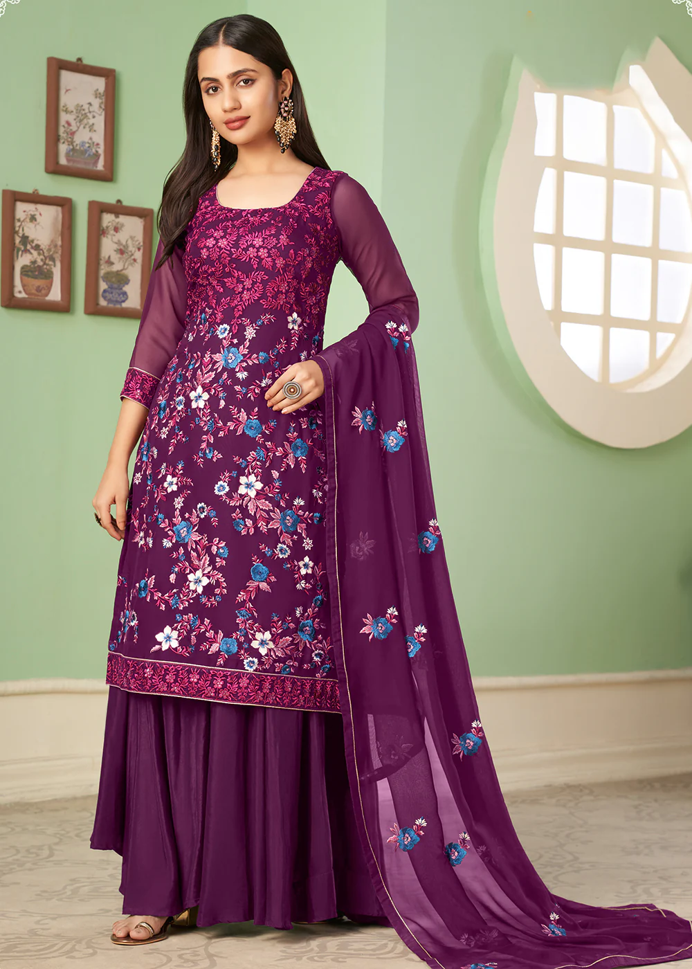 Multi Thread Glorious Purple Georgette Palazzo Salwar Suit - Image 3