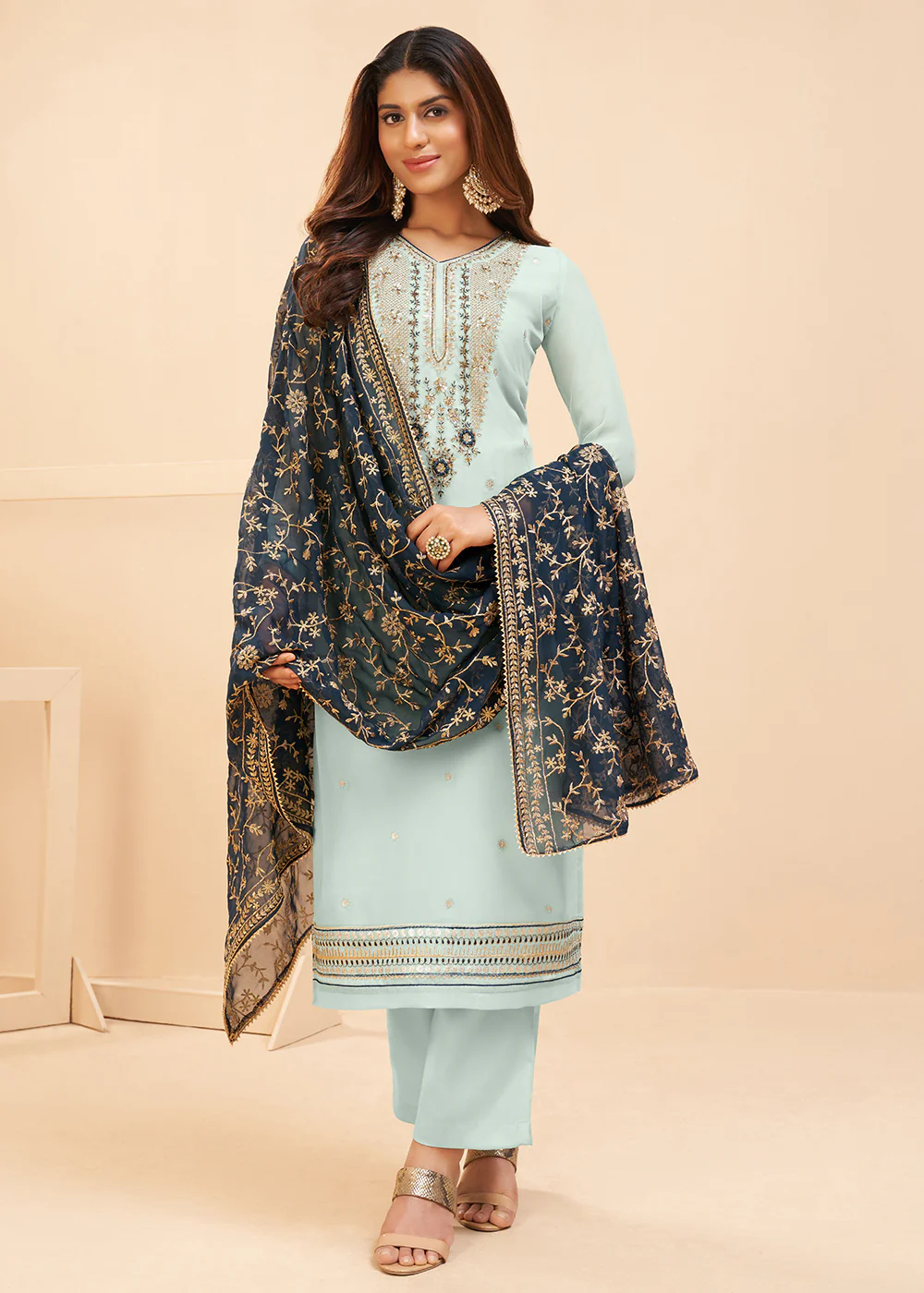 Multi Thread Light Blue Georgette Party Wear Salwar Kameez