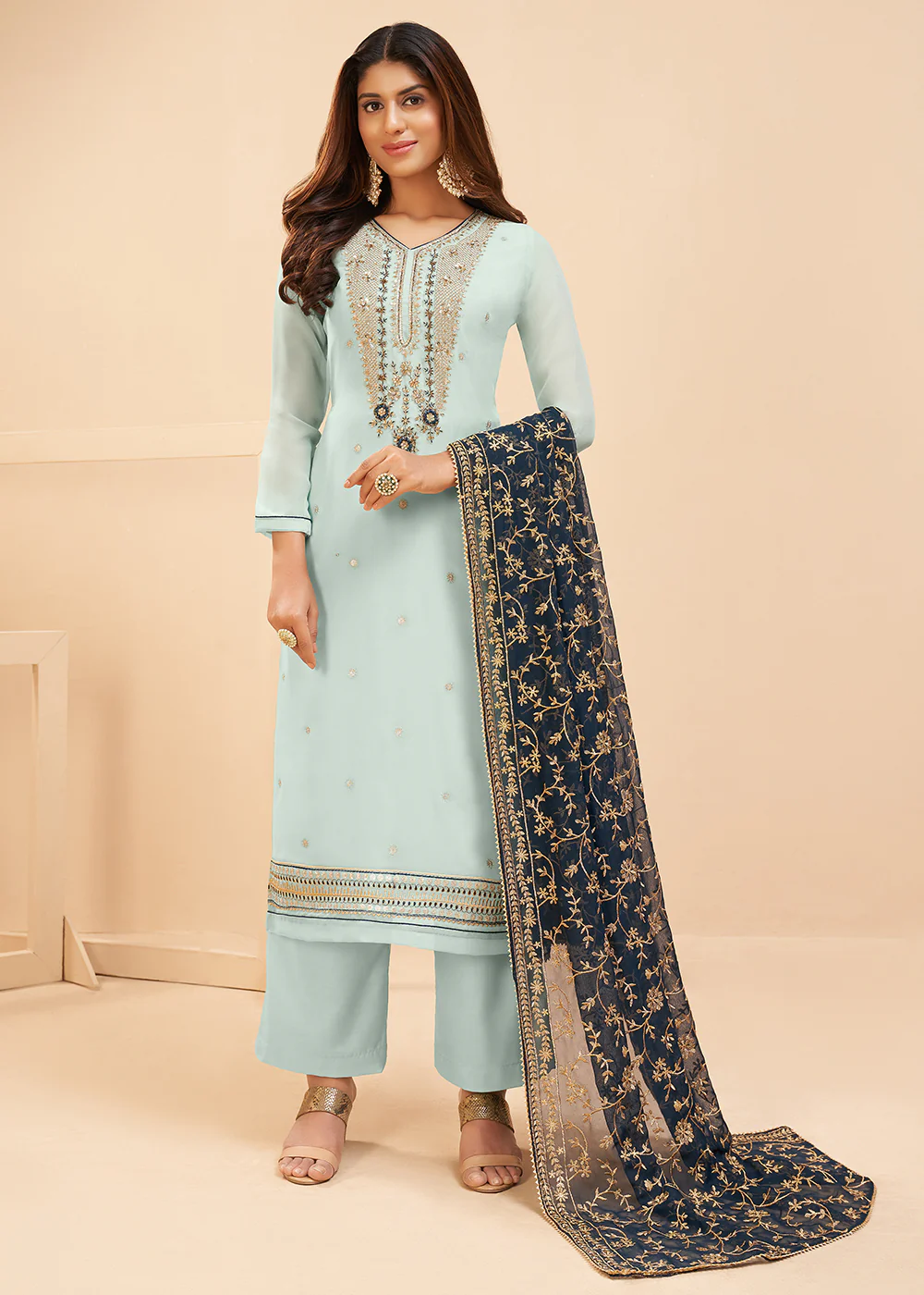 Multi Thread Light Blue Georgette Party Wear Salwar Kameez - Image 3