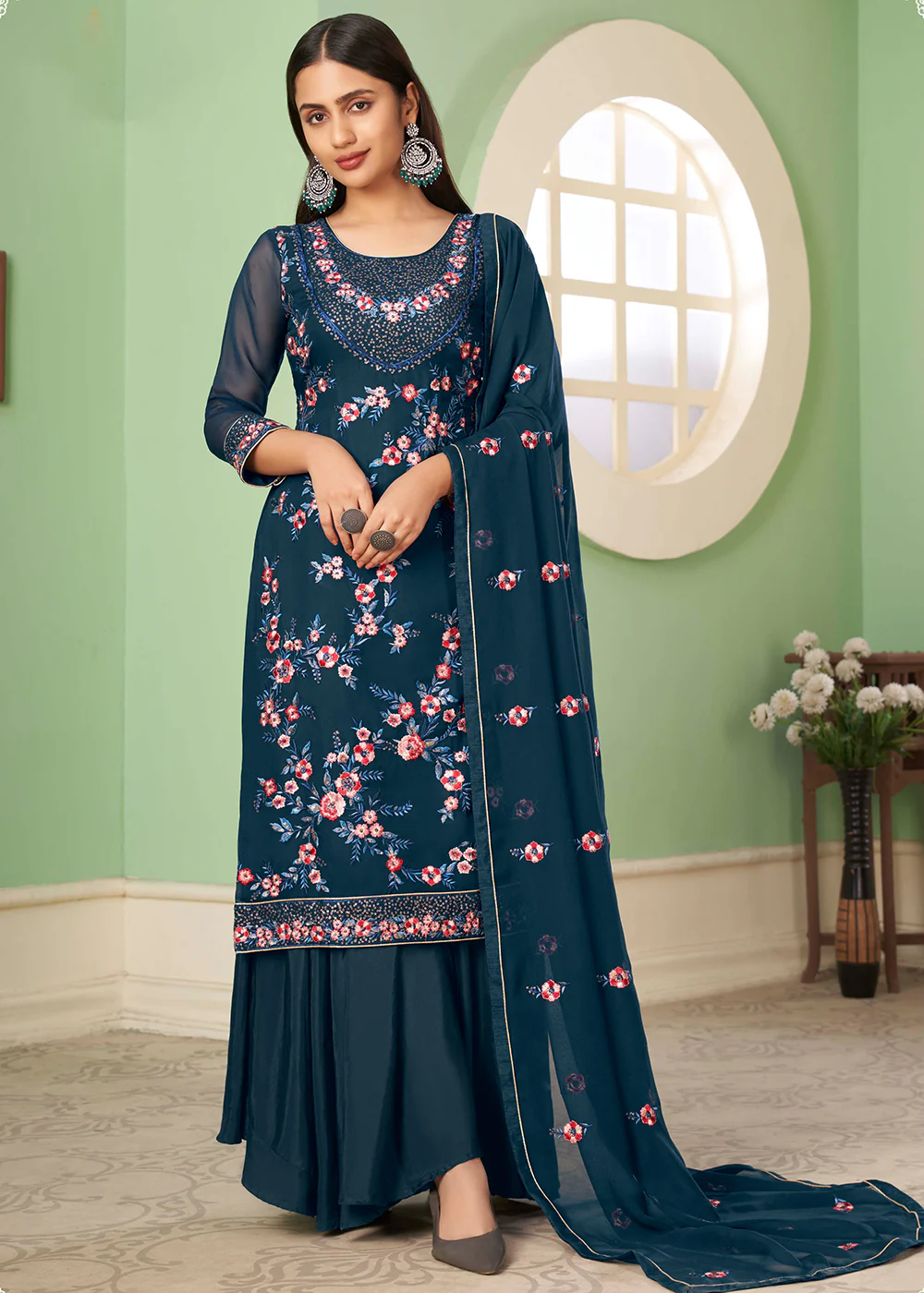 Multi Thread Lovely Teal Georgette Palazzo Salwar Suit