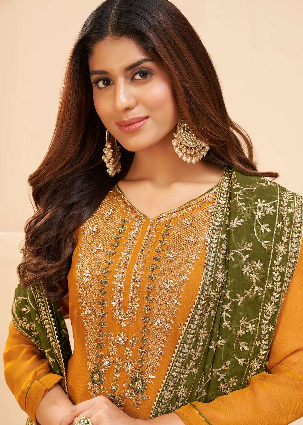 Multi Thread Mustard Yellow Georgette Party Wear Salwar Kameez - Image 2