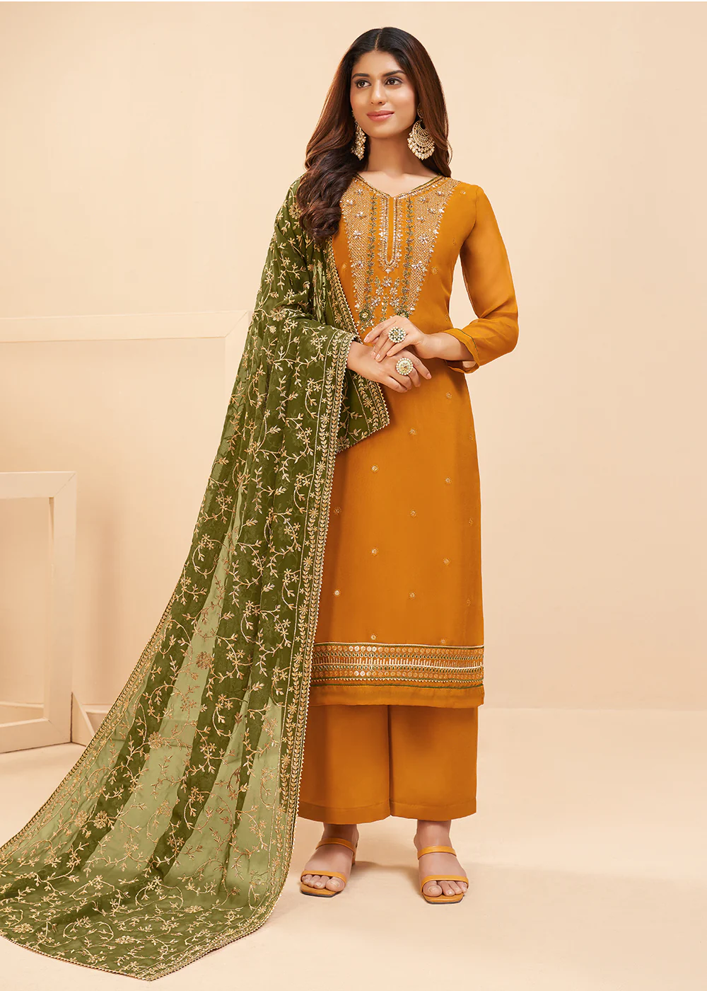 Multi Thread Mustard Yellow Georgette Party Wear Salwar Kameez - Image 3