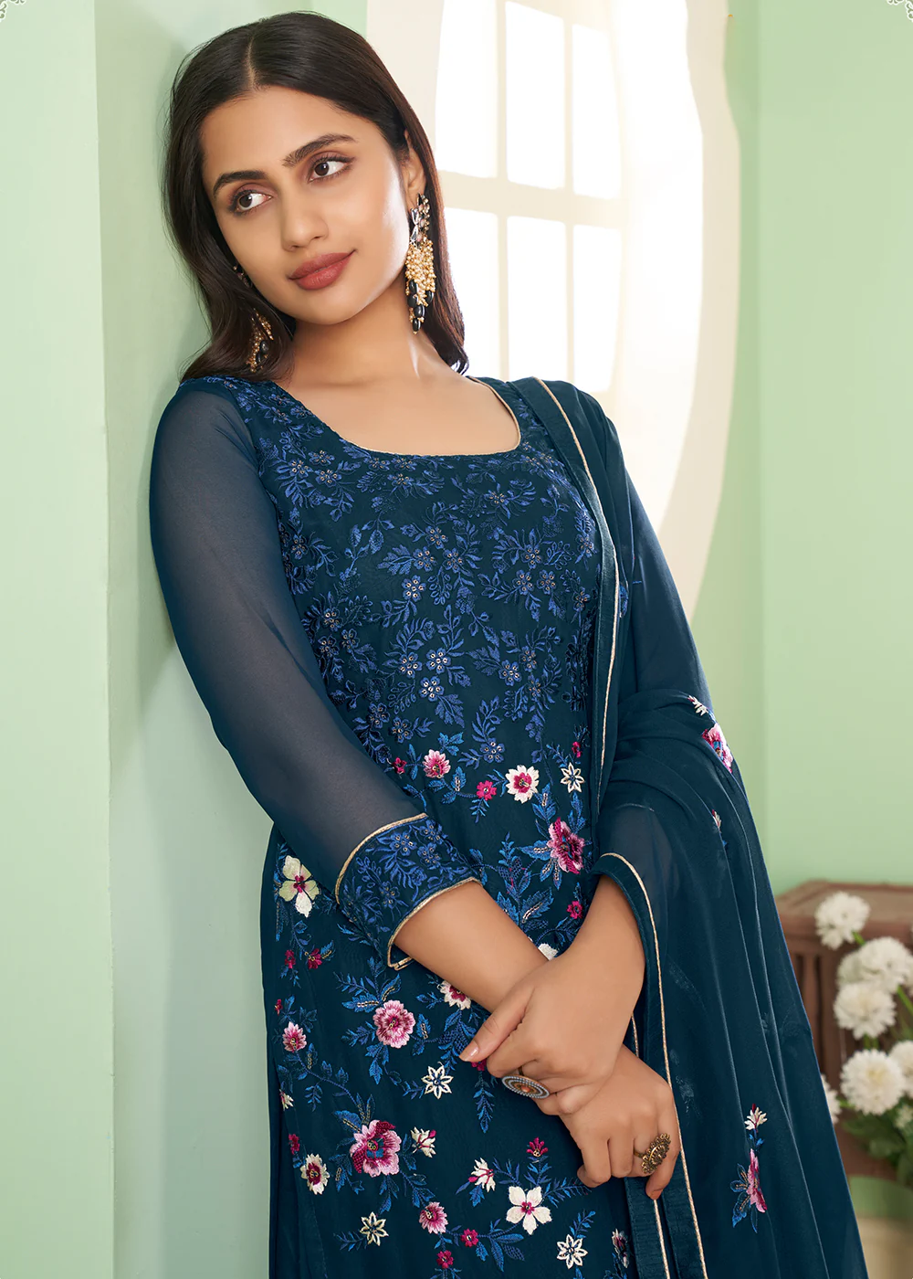 Multi Thread Prussian Blue Georgette Palazzo Salwar Suit - Image 2