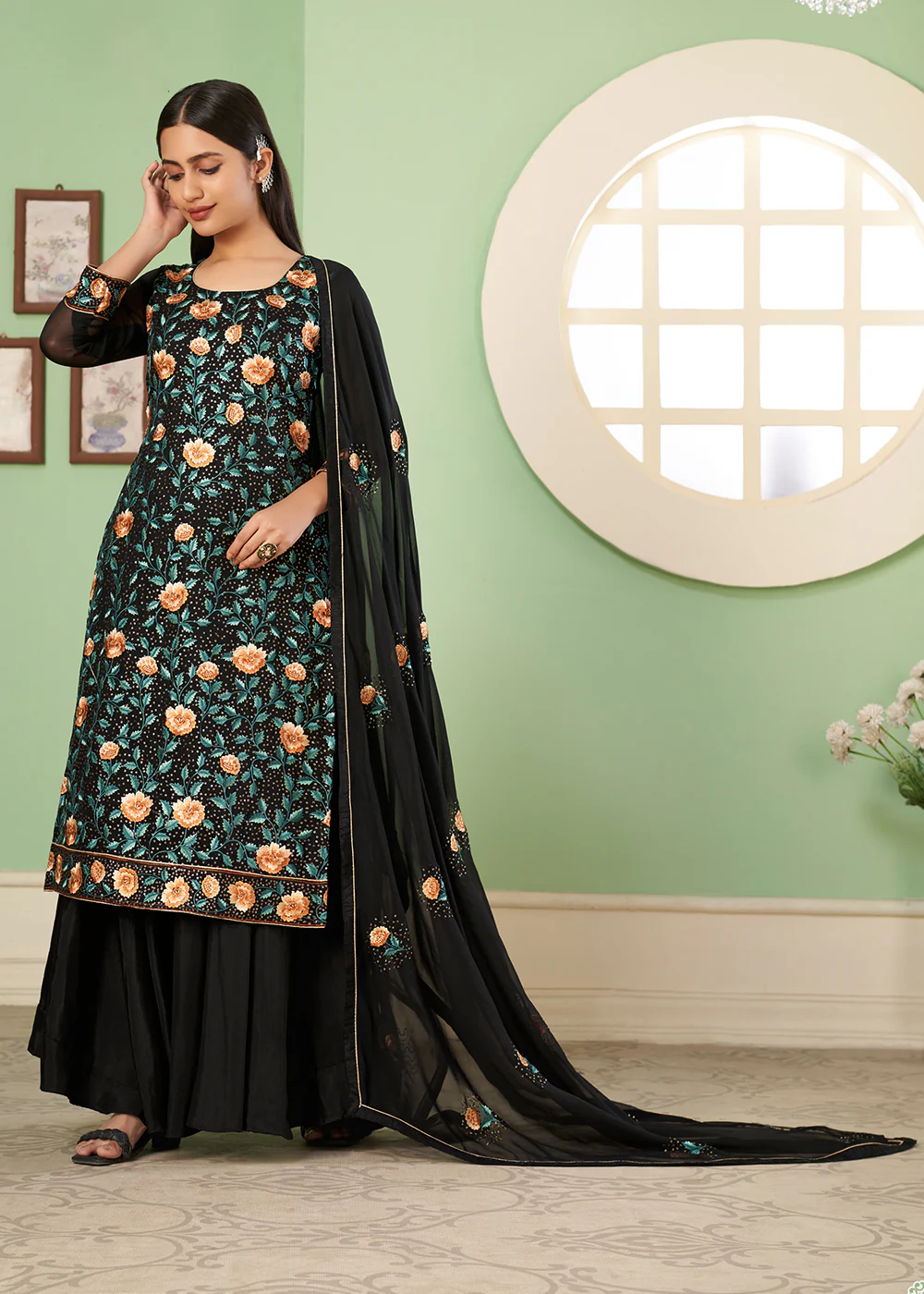Multi Thread Soothing Black Georgette Palazzo Salwar Suit - Image 3