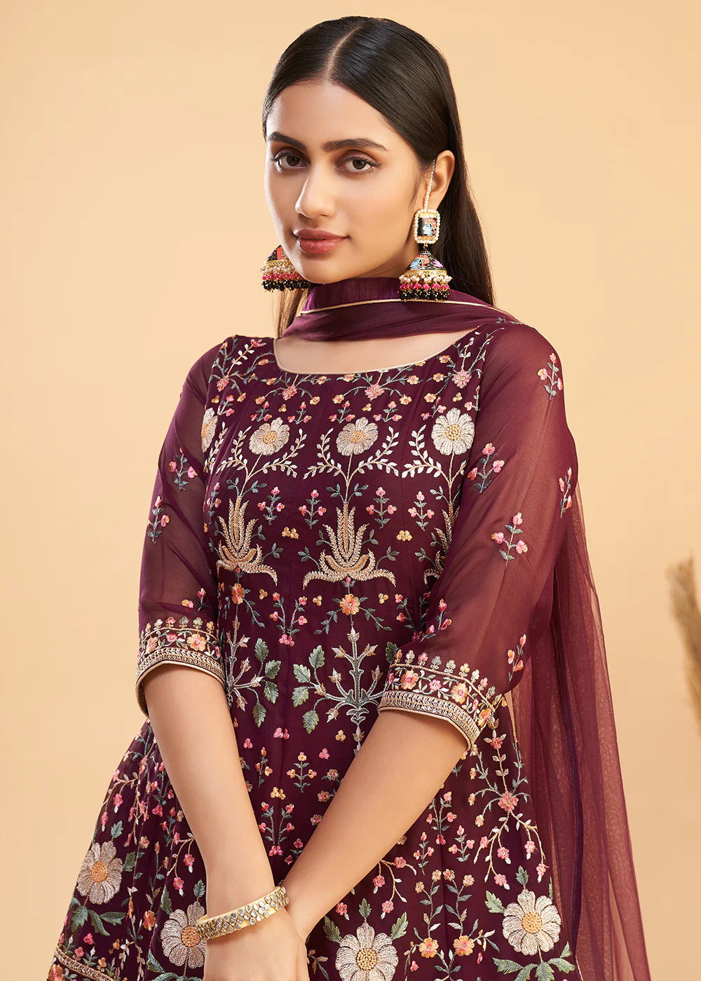 Multi Thread Wine Flared Style Pant Salwar Suit - Image 2