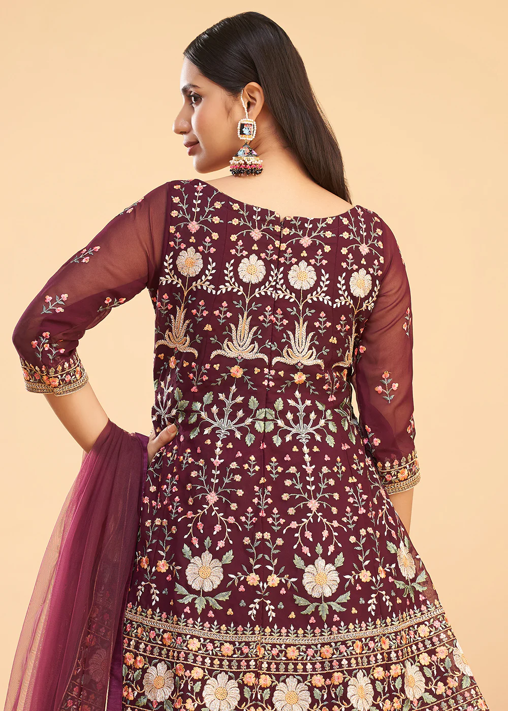 Multi Thread Wine Flared Style Pant Salwar Suit - Image 3