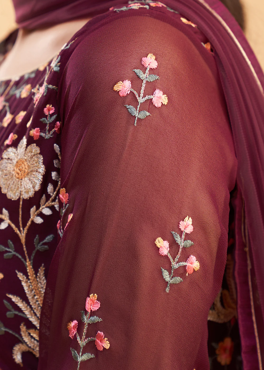Multi Thread Wine Flared Style Pant Salwar Suit - Image 4