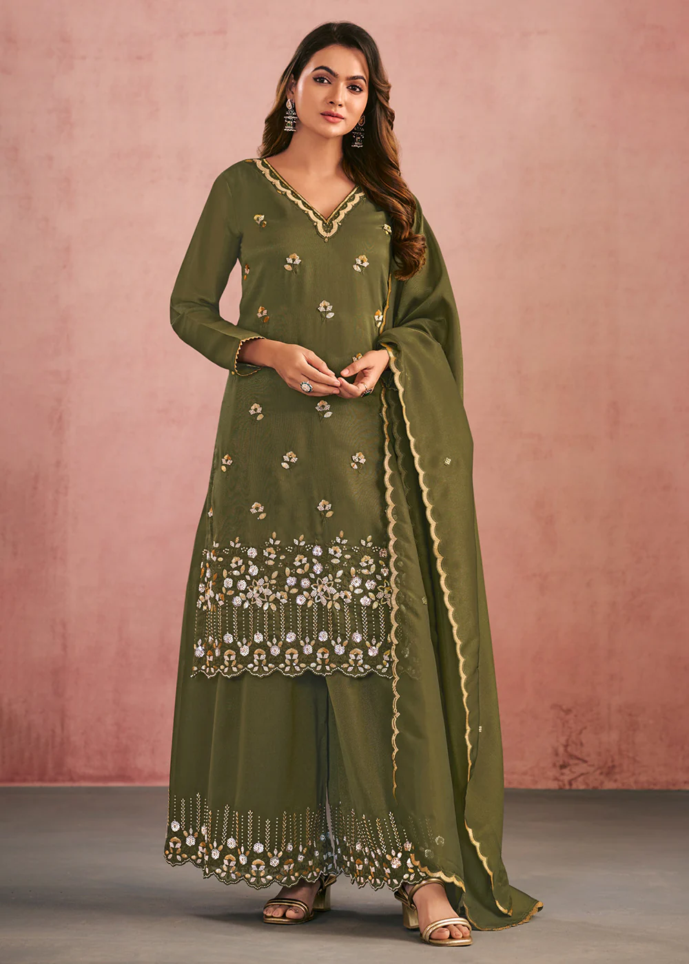Multi Threads & Sequins Green Festive Palazzo Suit