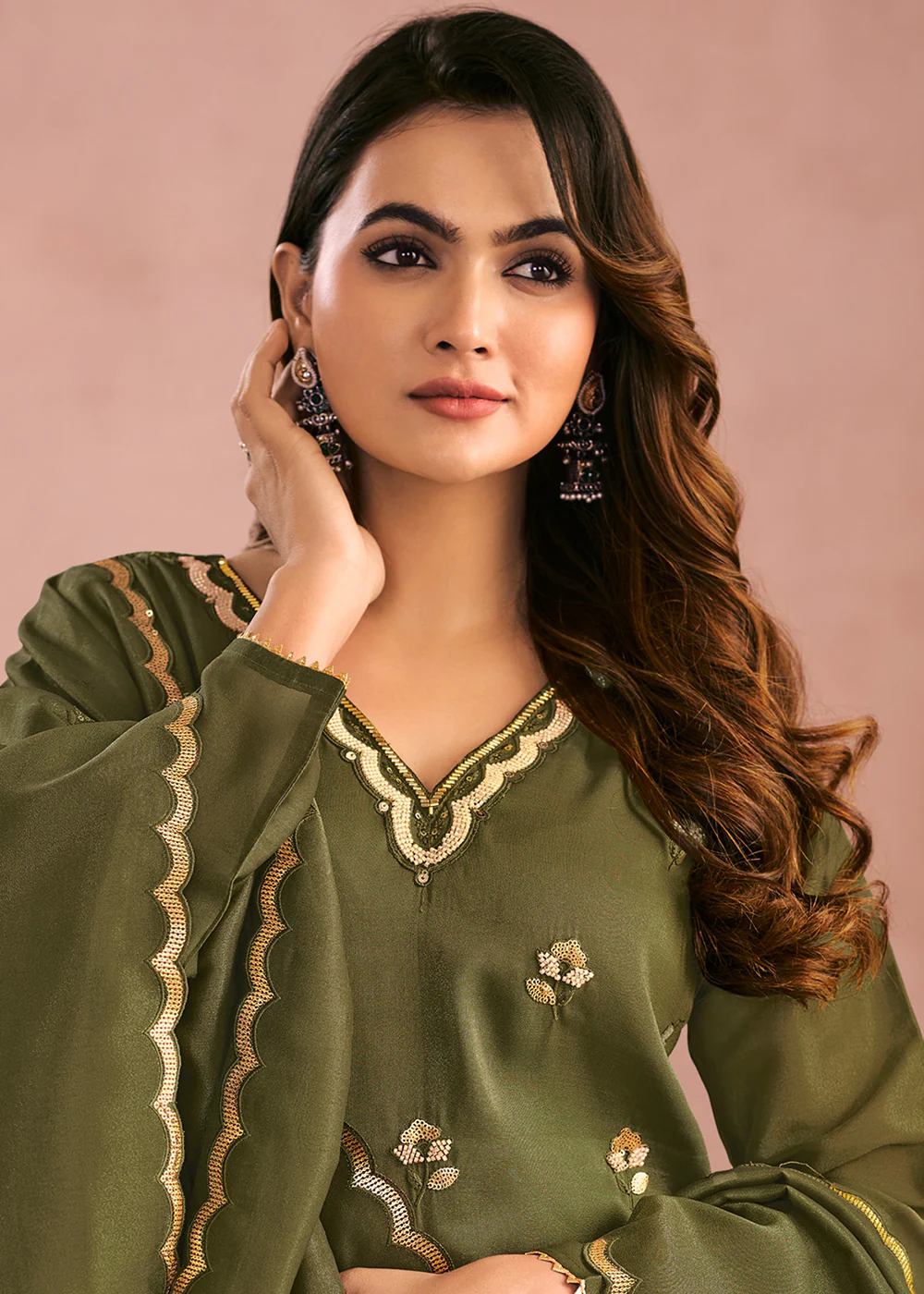 Multi Threads & Sequins Green Festive Palazzo Suit - Image 2