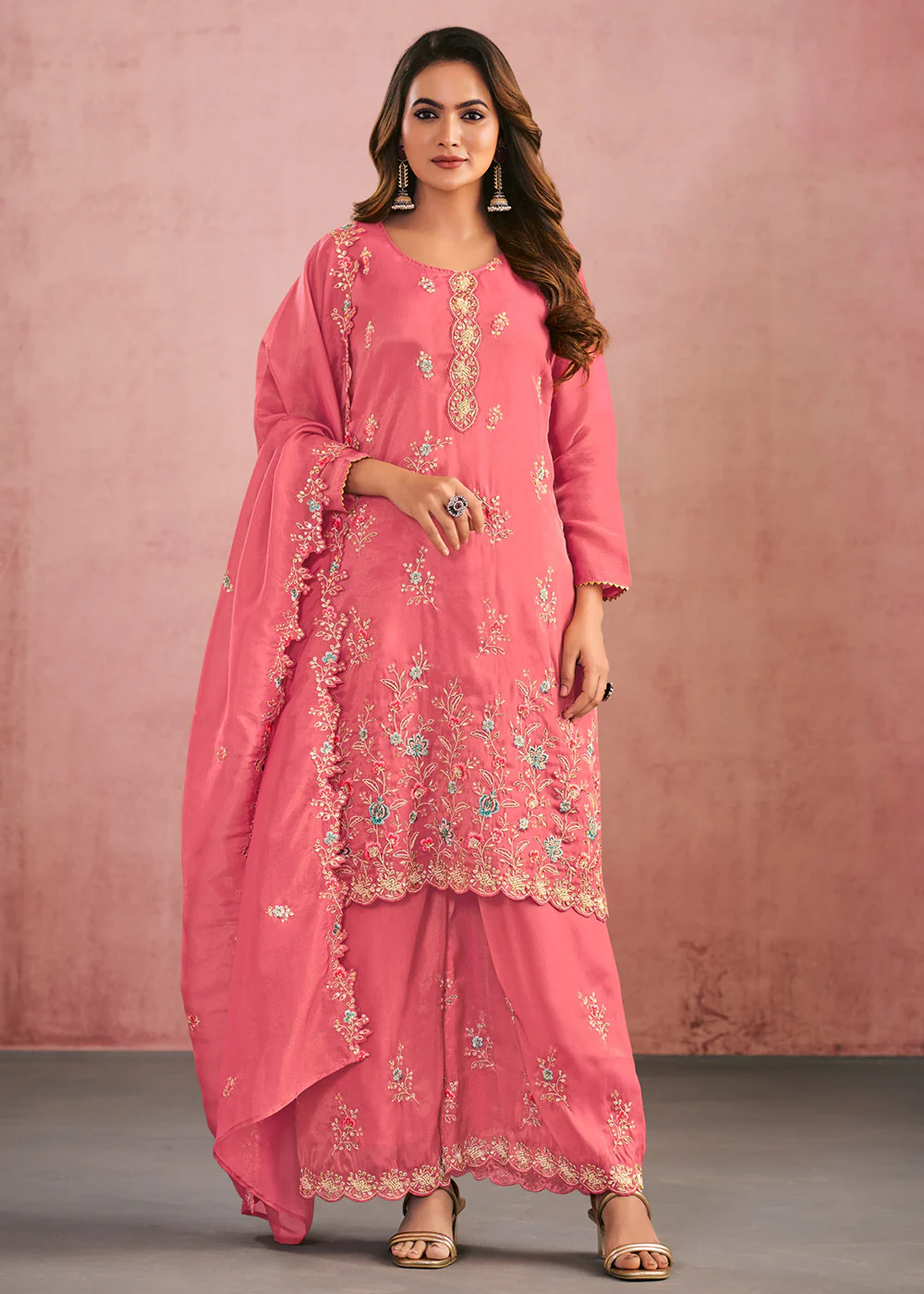 Multi Threads & Sequins Pink Festive Palazzo Suit