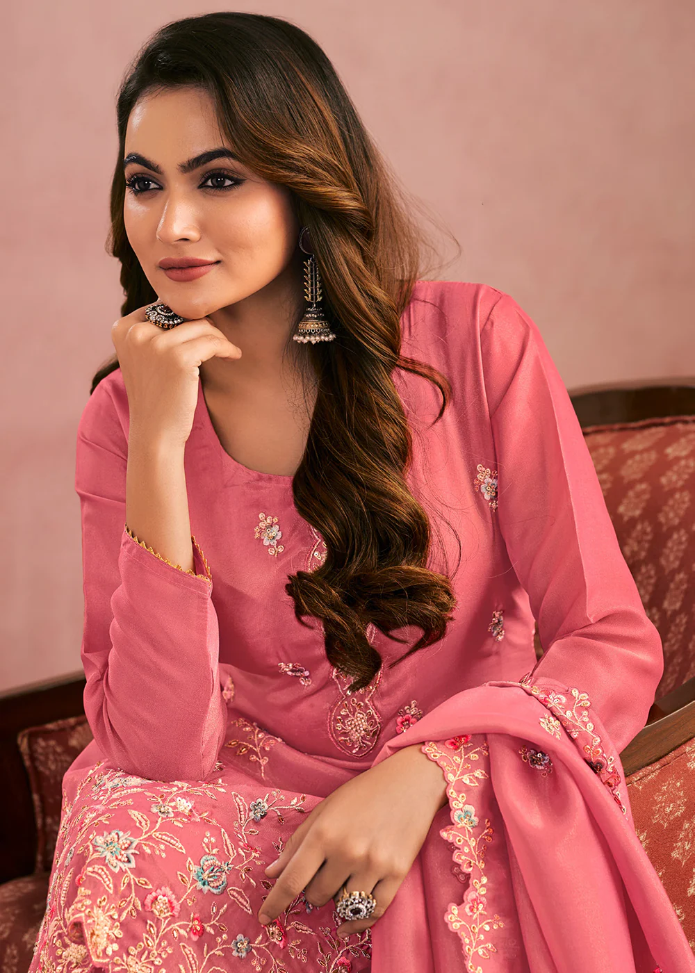 Multi Threads & Sequins Pink Festive Palazzo Suit - Image 2