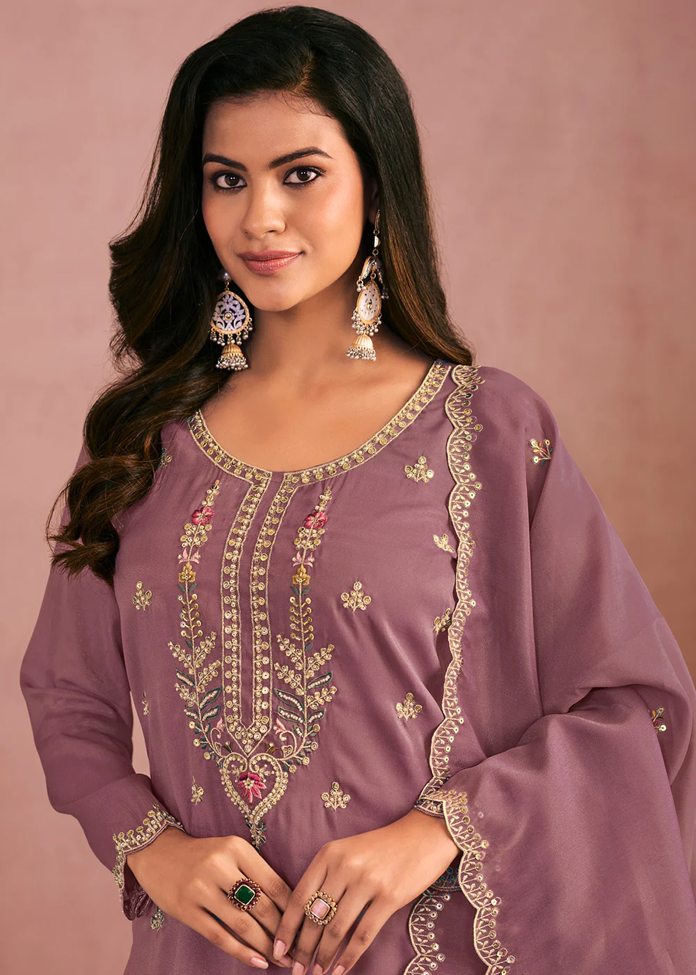 Multi Threads & Sequins Purple Festive Palazzo Suit - Image 2