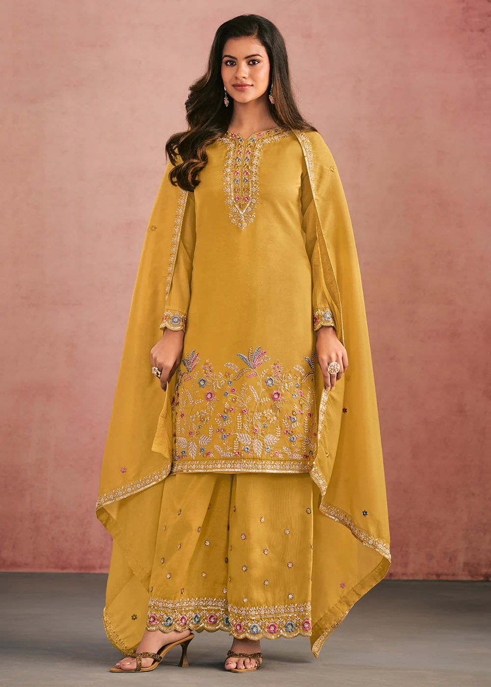 Multi Threads & Sequins Yellow Festive Palazzo Suit