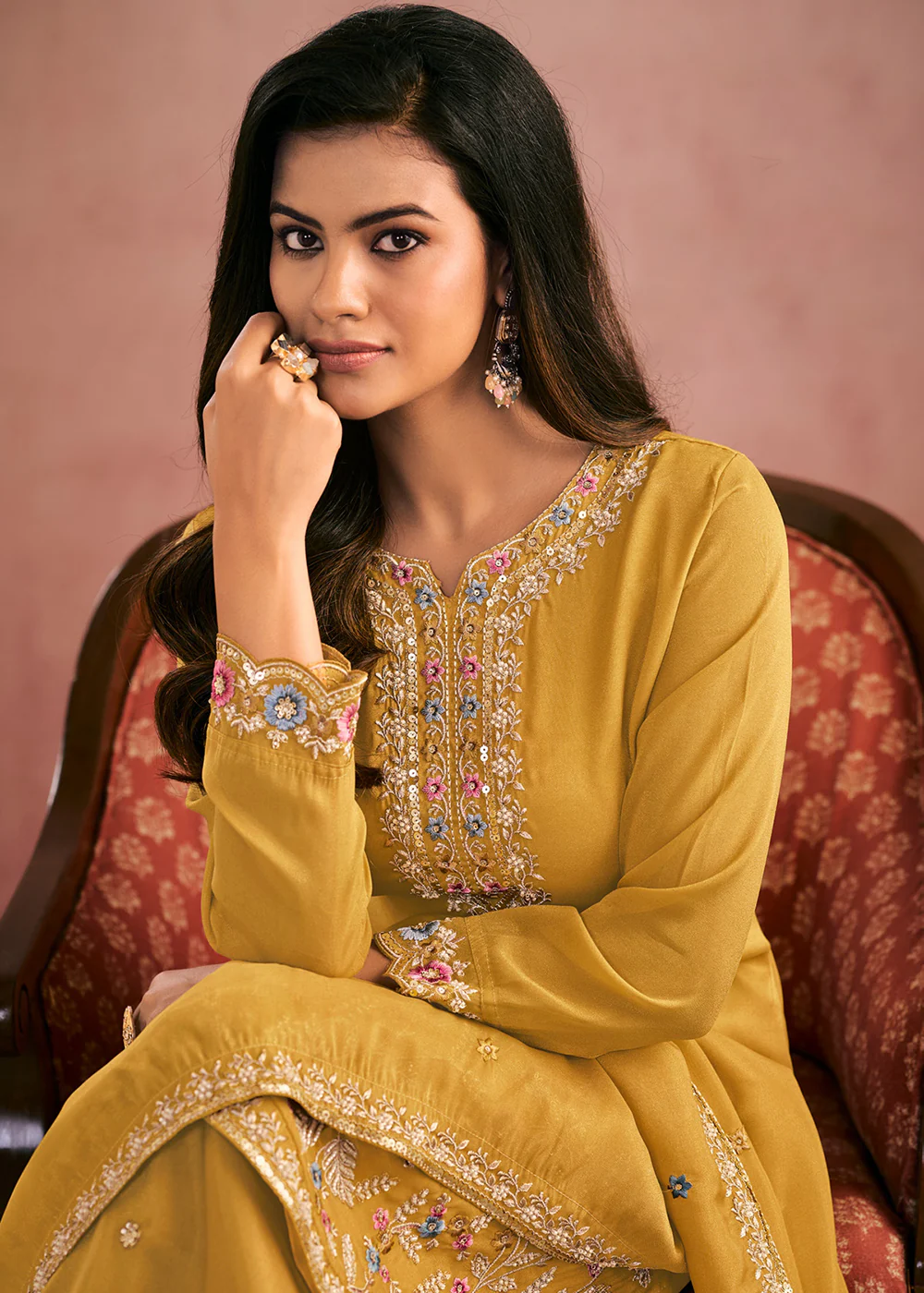 Multi Threads & Sequins Yellow Festive Palazzo Suit - Image 2
