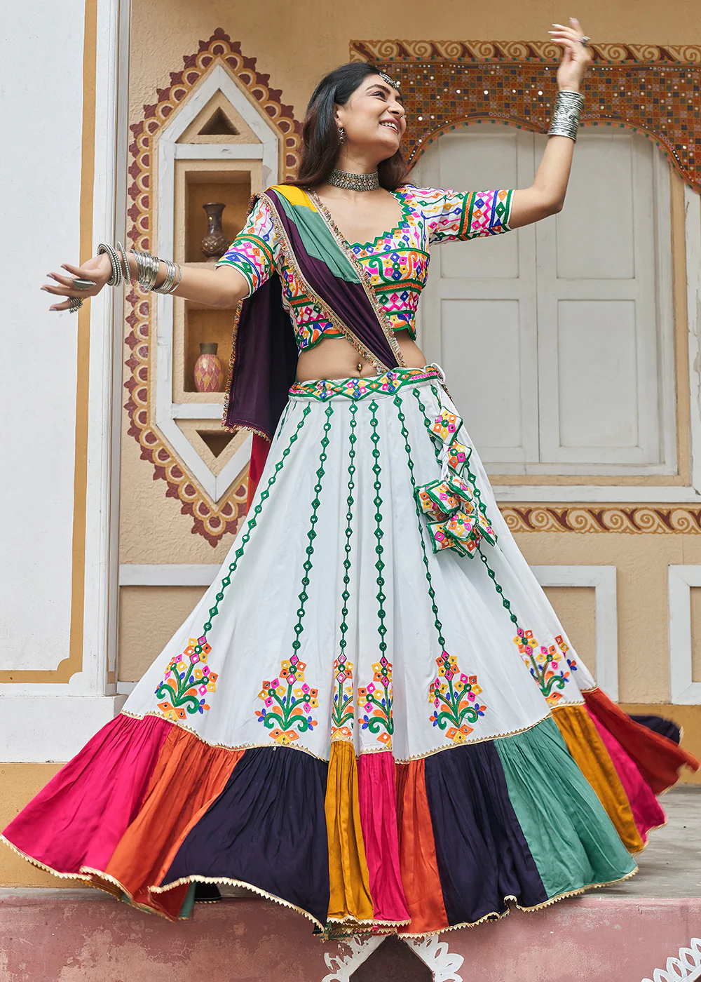 Multi White Embroidered with Mirror Work Chaniya Choli for Navratri