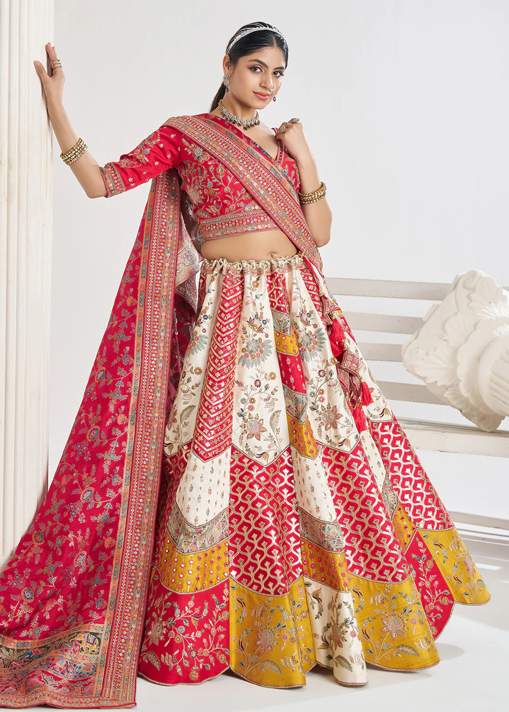 Multi White & Red Banarasi Silk Traditional Lehenga Choli