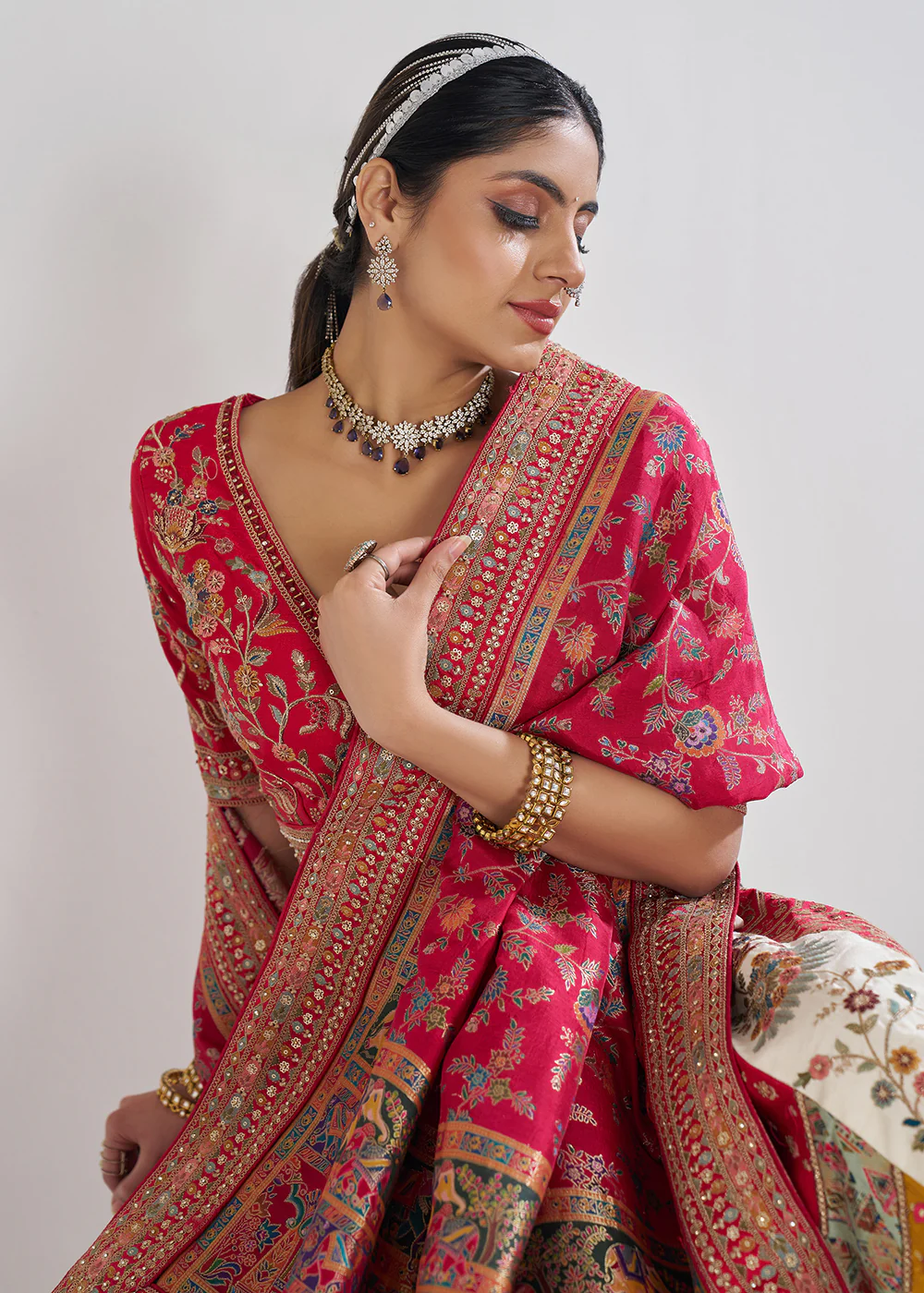 Multi White & Red Banarasi Silk Traditional Lehenga Choli - Image 2
