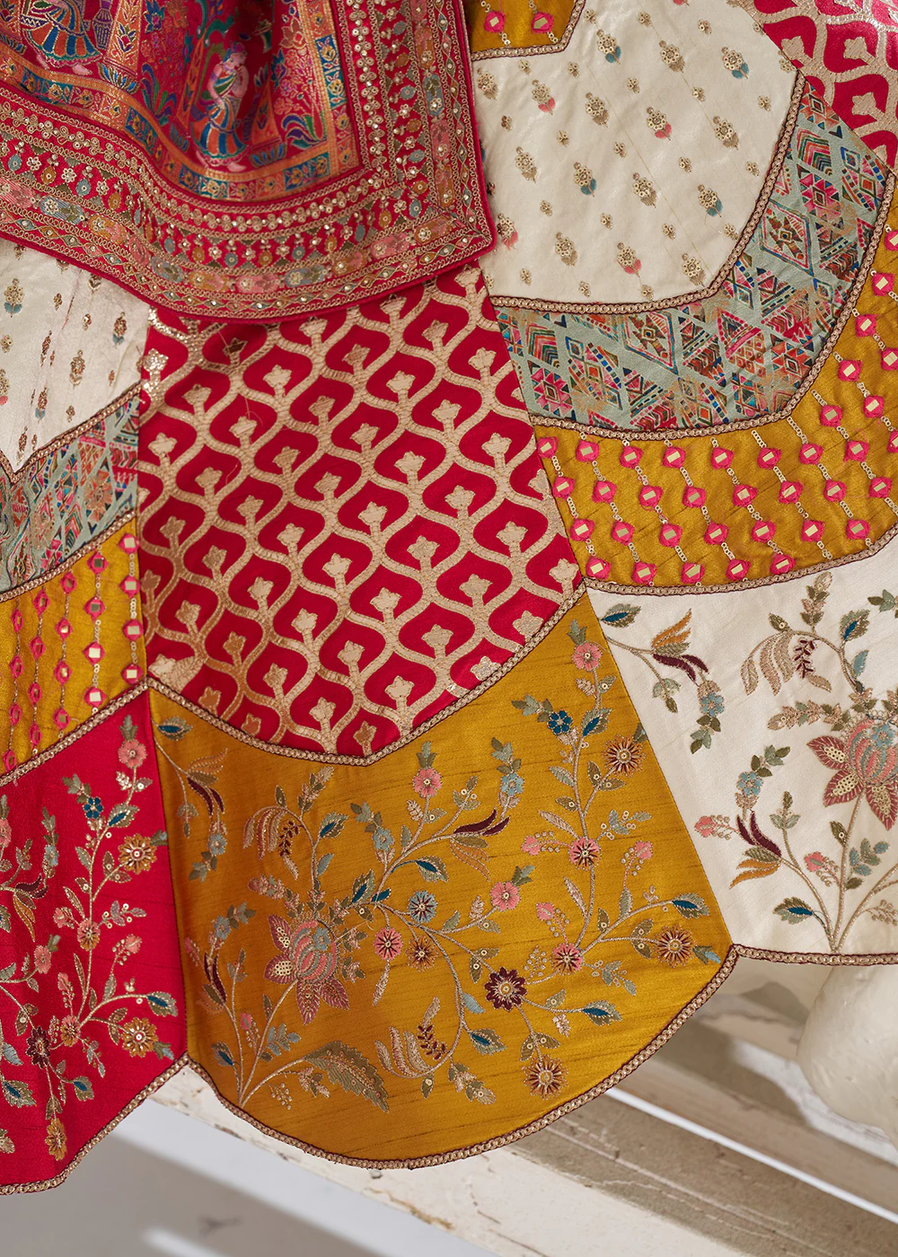 Multi White & Red Banarasi Silk Traditional Lehenga Choli - Image 6
