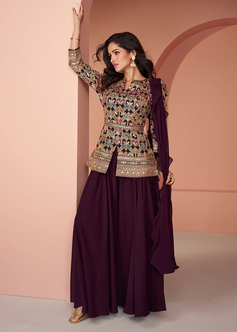 Multi Wine Embroidered Georgette Indo Wester Palazzo Suit